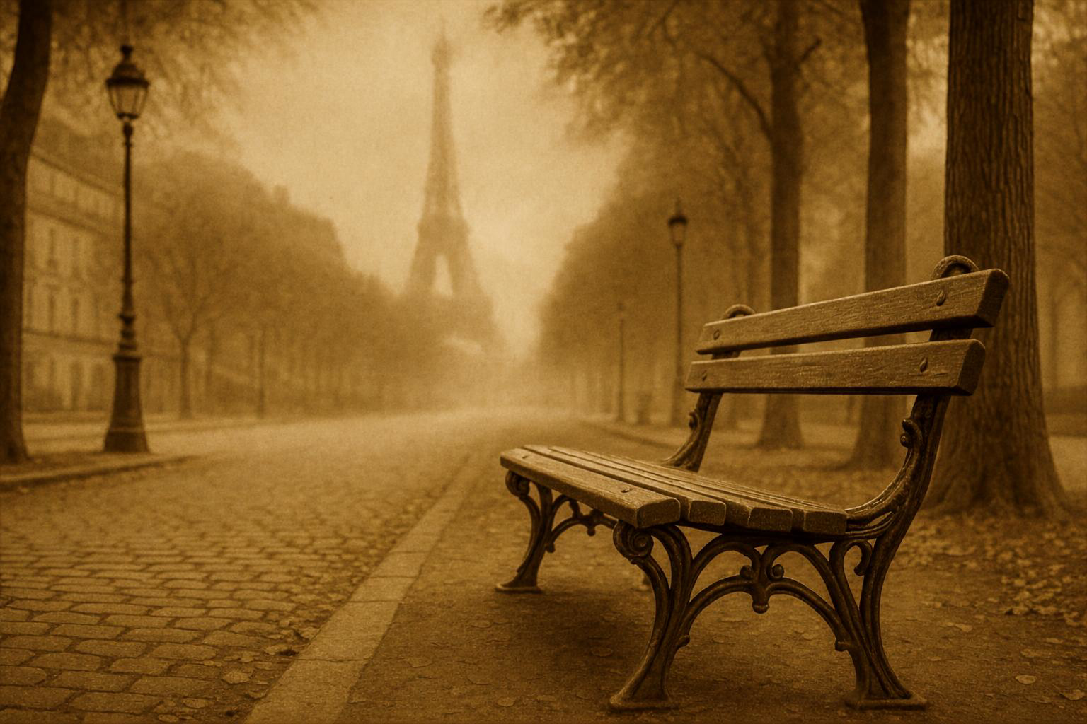 Banc public en bois et fonte dans une avenue parisienne brumeuse, avec la Tour Eiffel en arrière-plan.