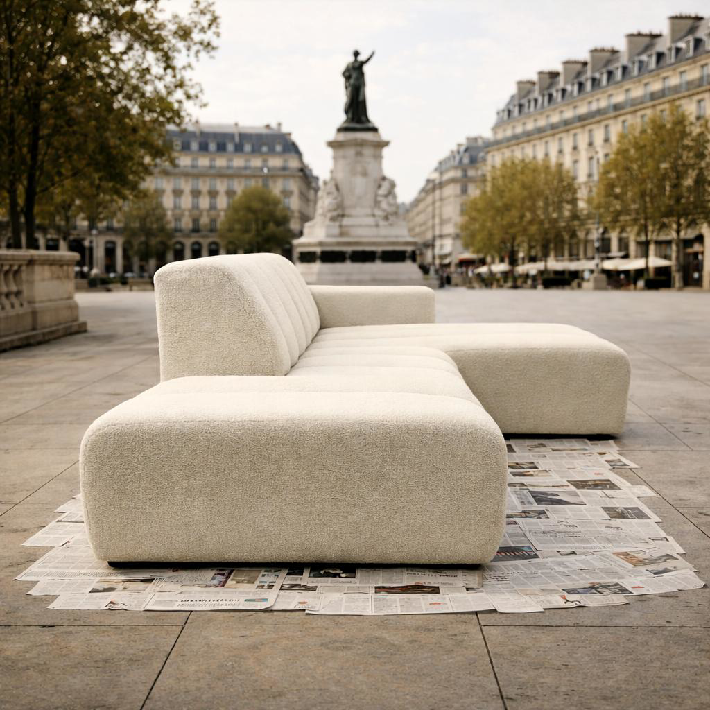 Canapé d'angle Chemin Vert de la collection République de Paname Avenue place de la République à Paris sur un tapis de journaux.