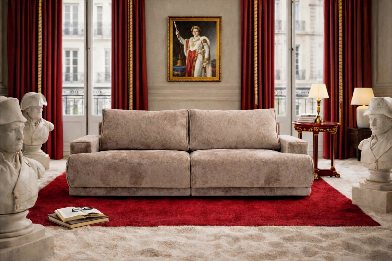 Canapé convertible beige Bonaparte au centre d’un salon inspiré de la Rive Gauche parisienne, avec rideaux rouges, tapis rouge et buste de Napoléon.