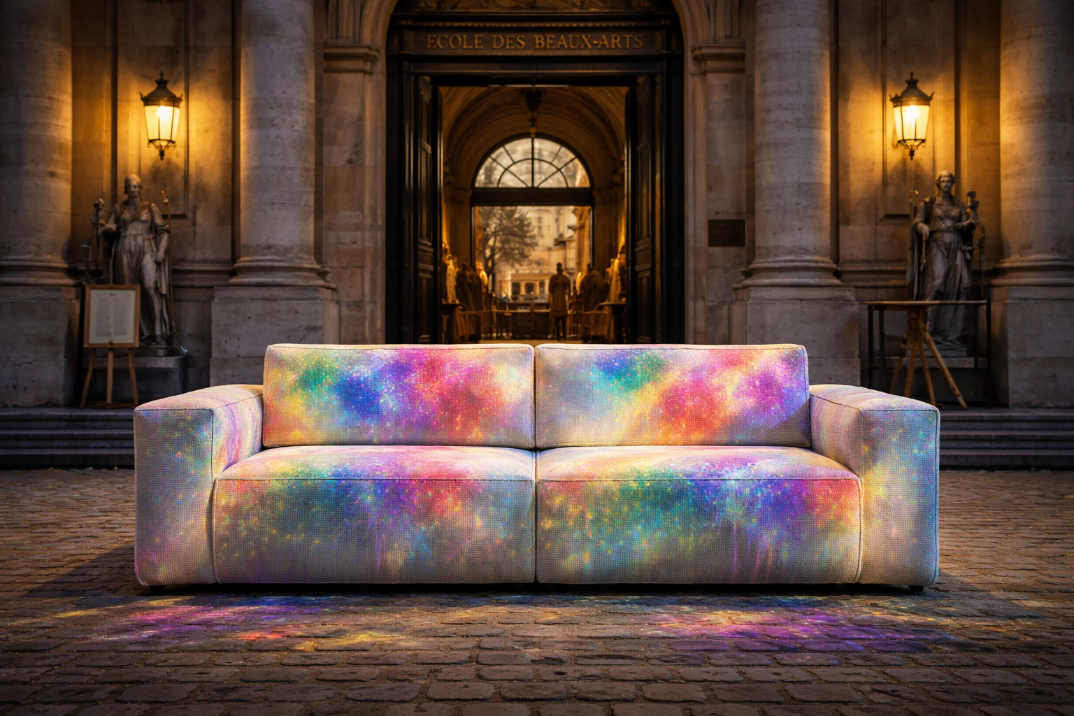 Canapé design aux couleurs artistiques installé en extérieur devant l'École des Beaux-Arts à Paris, scène contemporaine inspirée de la rive gauche.