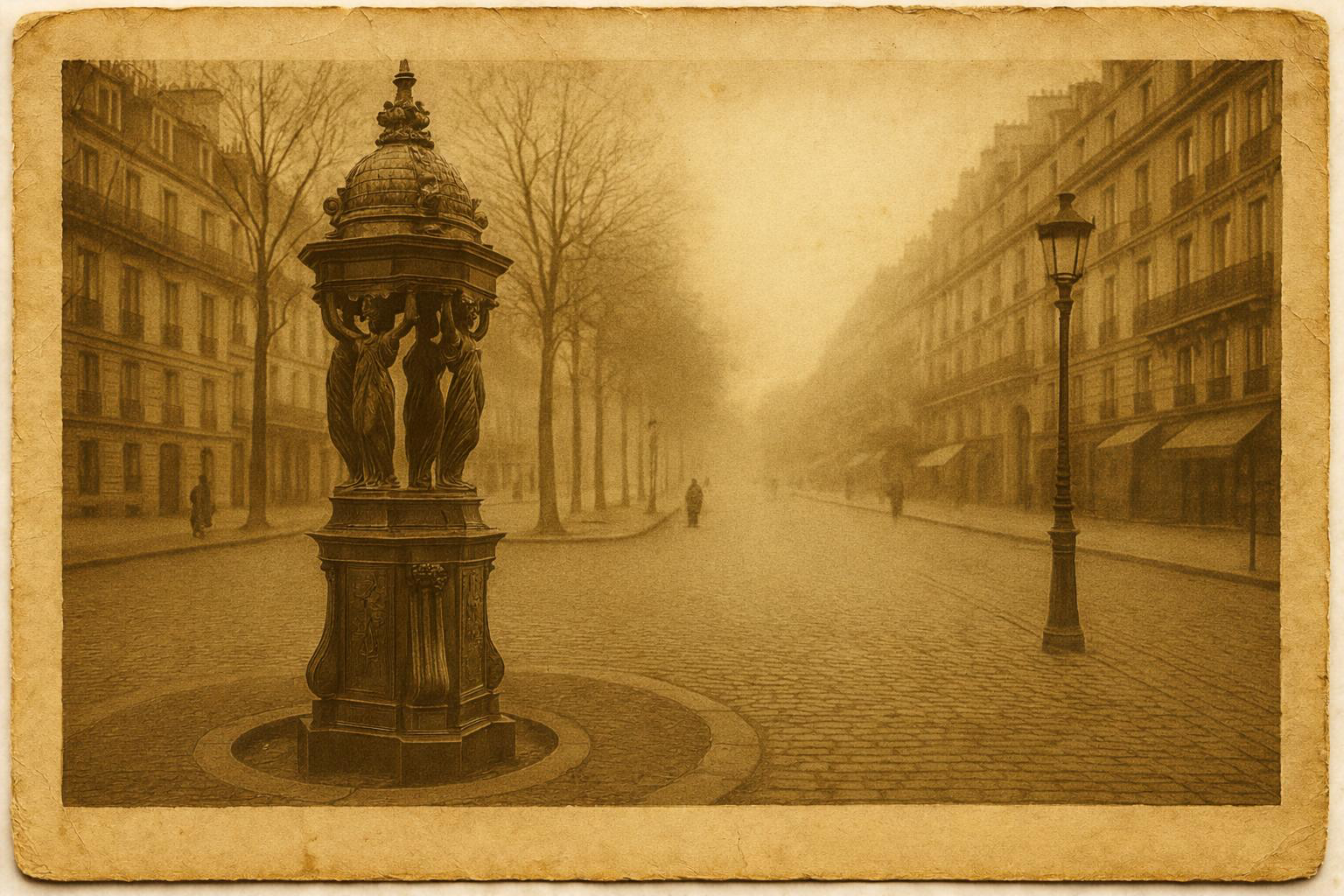 Carte postale ancienne en sépia représentant une rue parisienne brumeuse. Au premier plan, une fontaine Wallace ornée de cariatides se dresse sur un socle circulaire pavé.