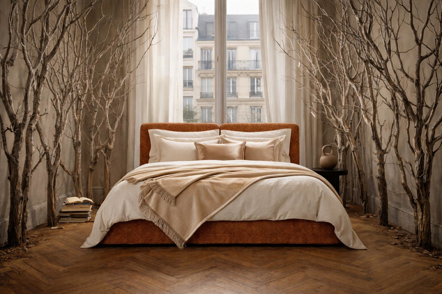 Lit coffre aux tons naturels dans une chambre parisienne poétique, décorée de branches d’arbres secs encadrant une fenêtre avec vue sur un immeuble haussmannien près du Louvre.