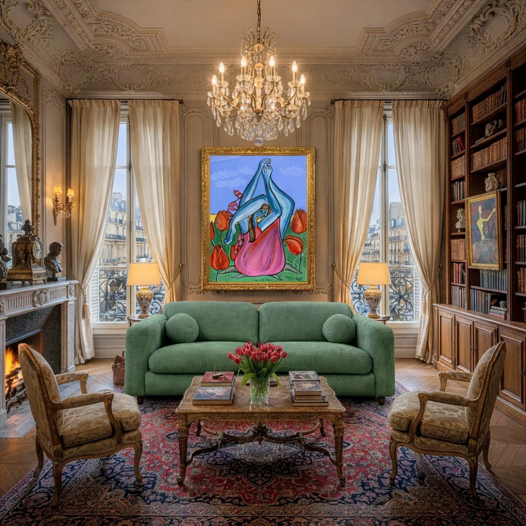 Canapé droit Duperré Paname Avenue en chenille vert olive dans salon haussmannien parisien, moulures, cheminée en marbre et décoration élégante.