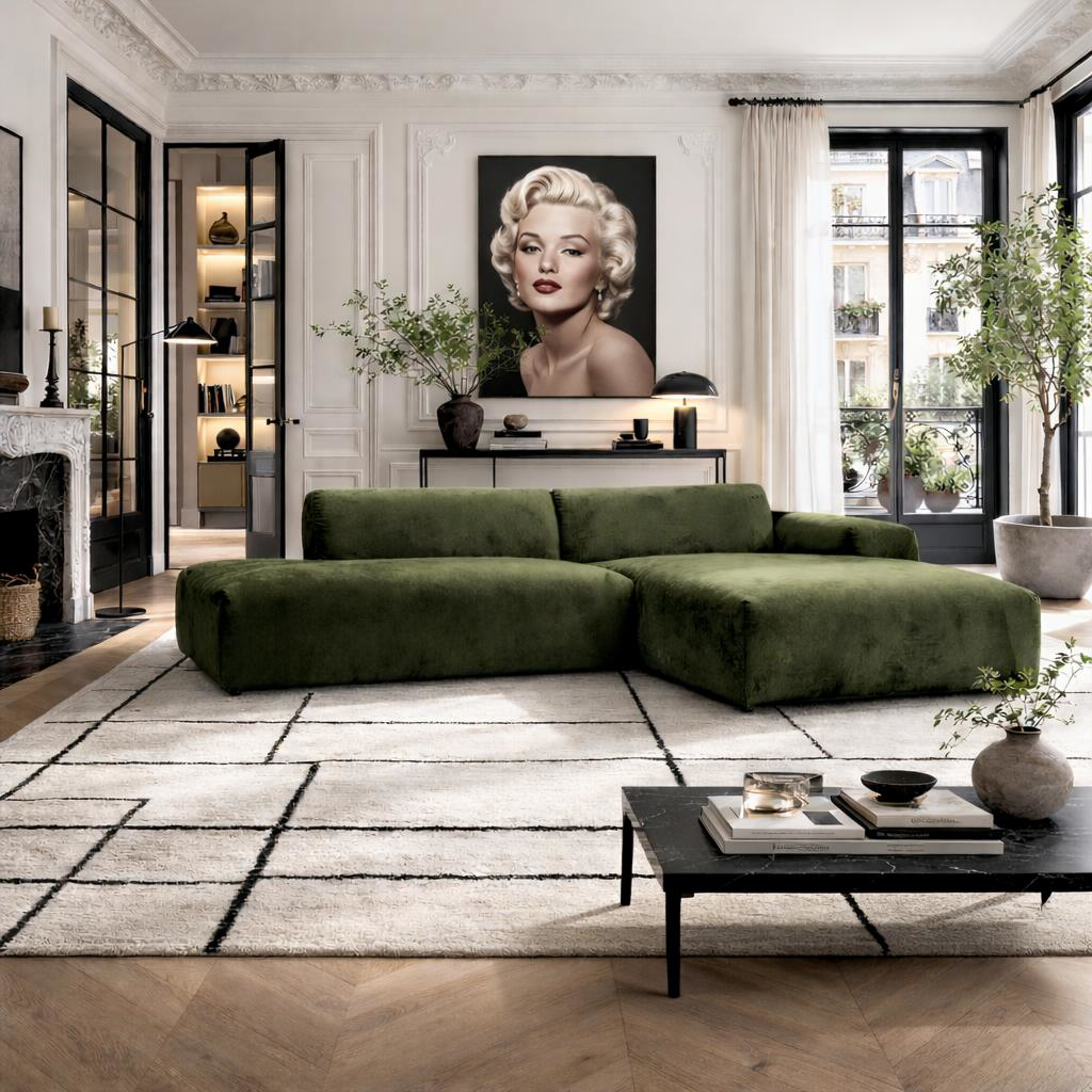 Canapé droit Temple de Paname Avenue dans un intérieur parisien graphique