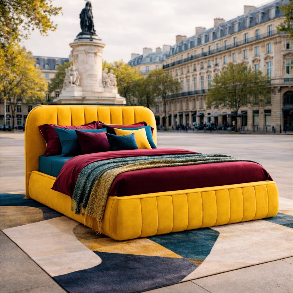 Lit coffre Timbaud de Paname Avenue placé sur un tapis graphique Place de la République