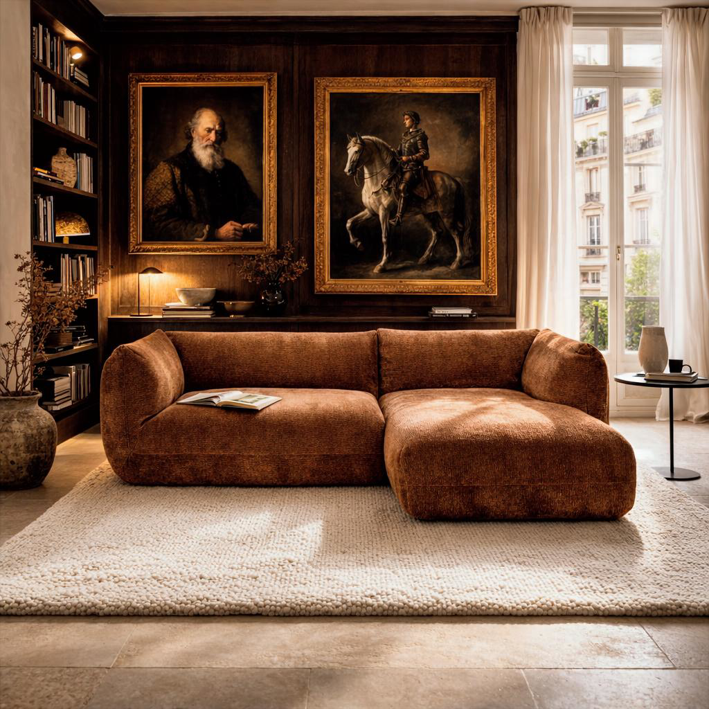 Canapé d’angle 4 places Sainte-Croix Paname Avenue collection Marais, tissu chenille marron, intérieur parisien cultivé avec tapis crème texturé