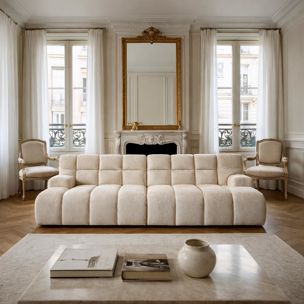 Canapé droit Saint-Honoré de Paname Avenue dans un intérieur haussmannien lumineux 