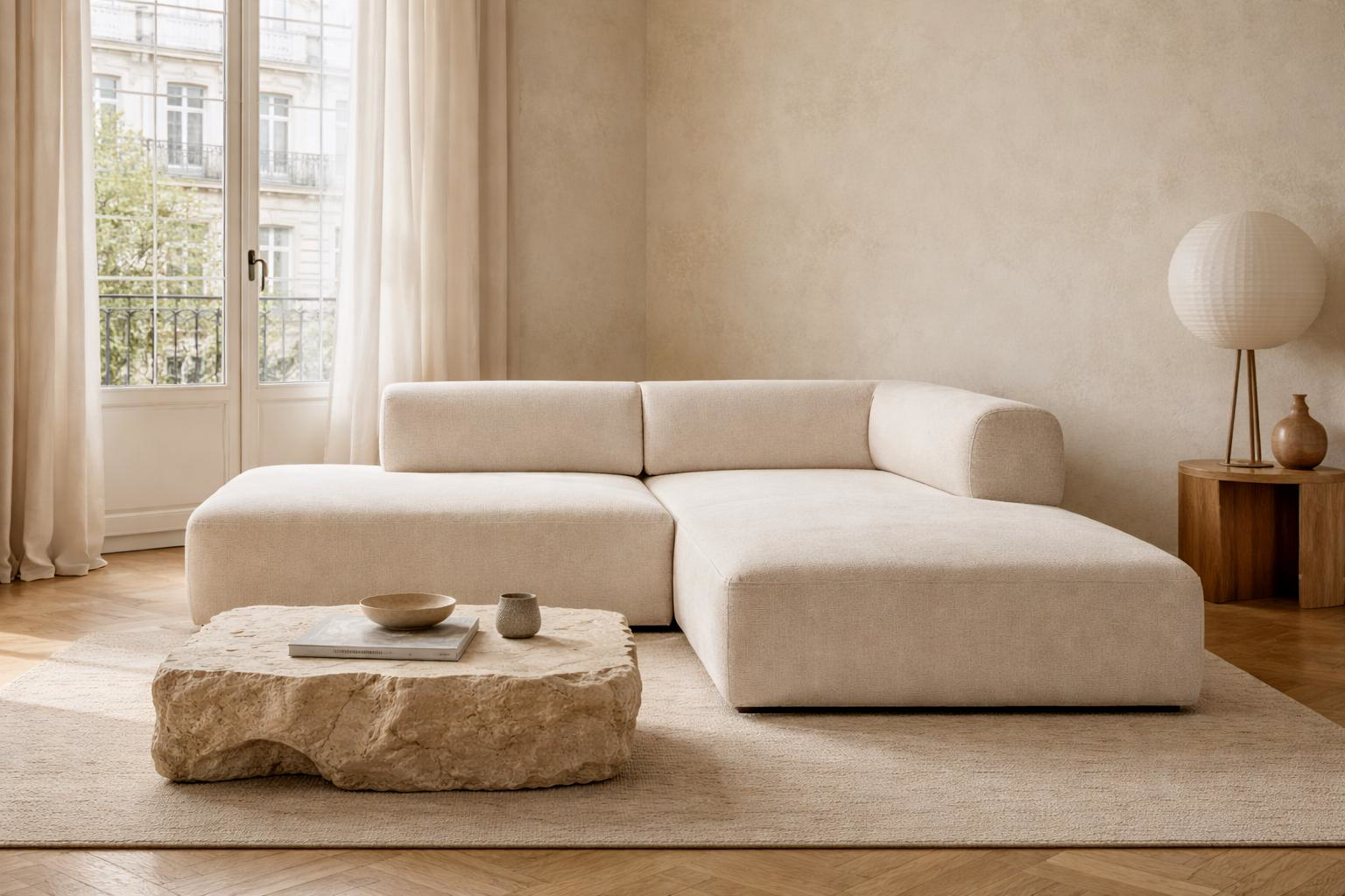 Canapé d’angle droit Lancry en tissu chenille beige Paname Avenue, dans un décor inspire au quartier parisien