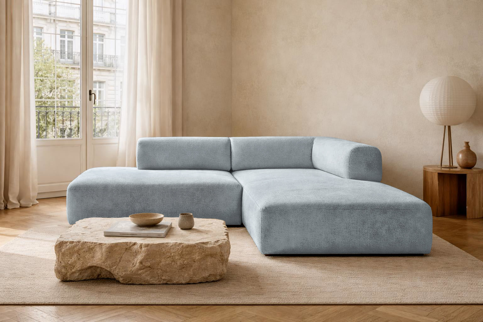 Canapé d’angle droit Lancry en tissu chenille gris Paname Avenue, dans un décor inspire au quartier parisien