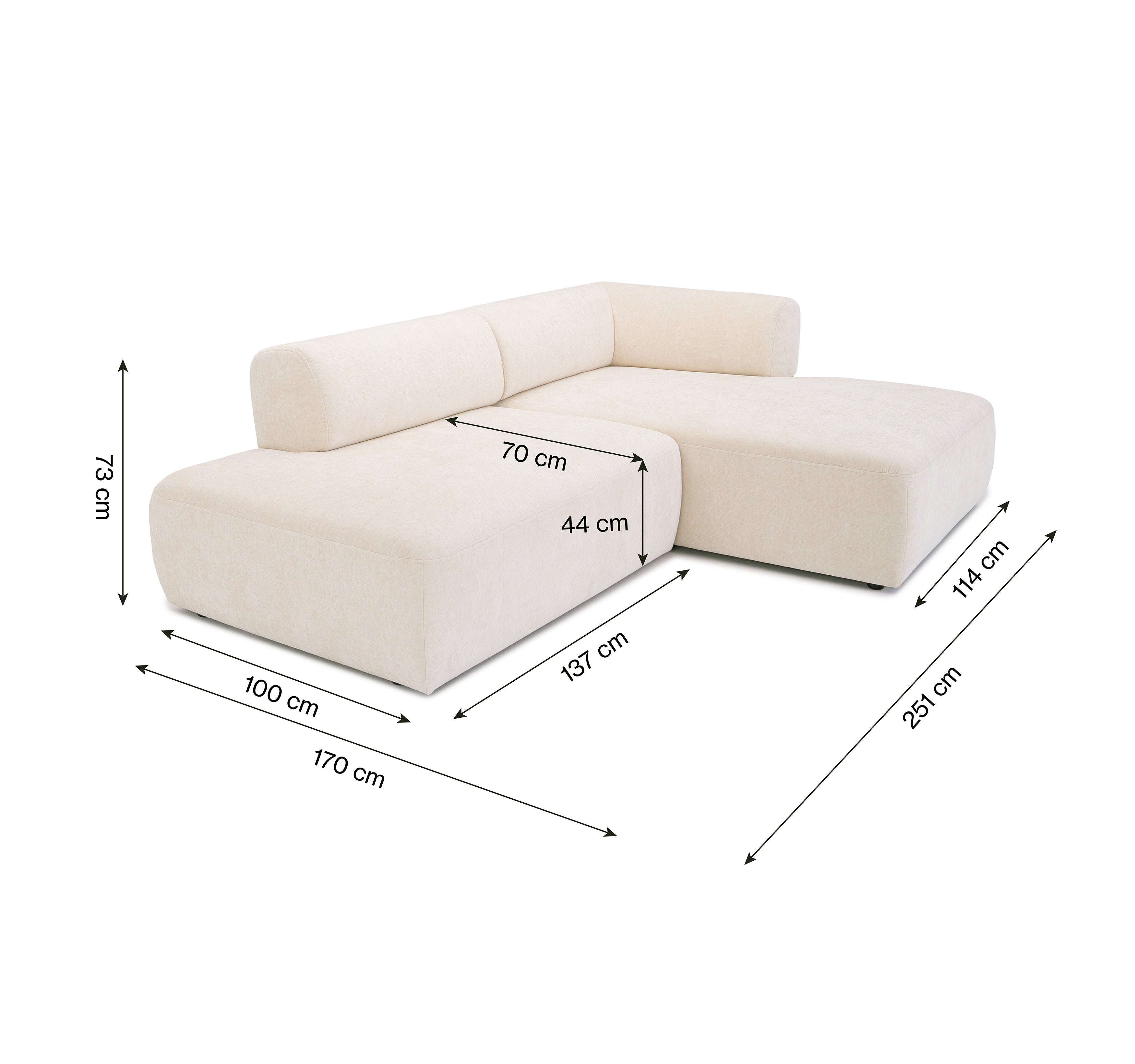 Canapé d’angle droit Lancry en tissu chenille beige Paname Avenue, schéma des dimensions