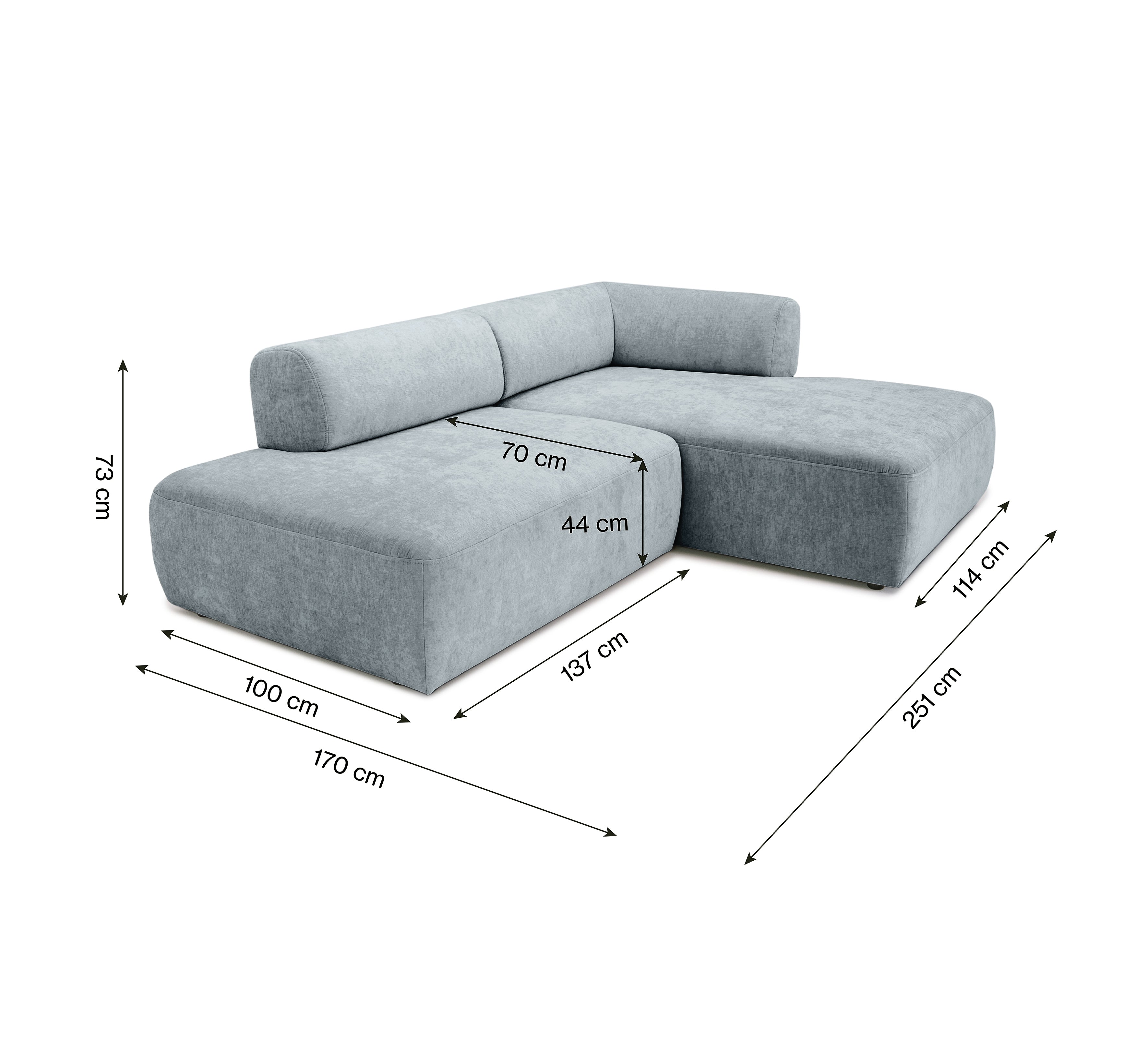 Canapé d’angle droit Lancry en tissu chenille gris Paname Avenue, schéma des dimensions