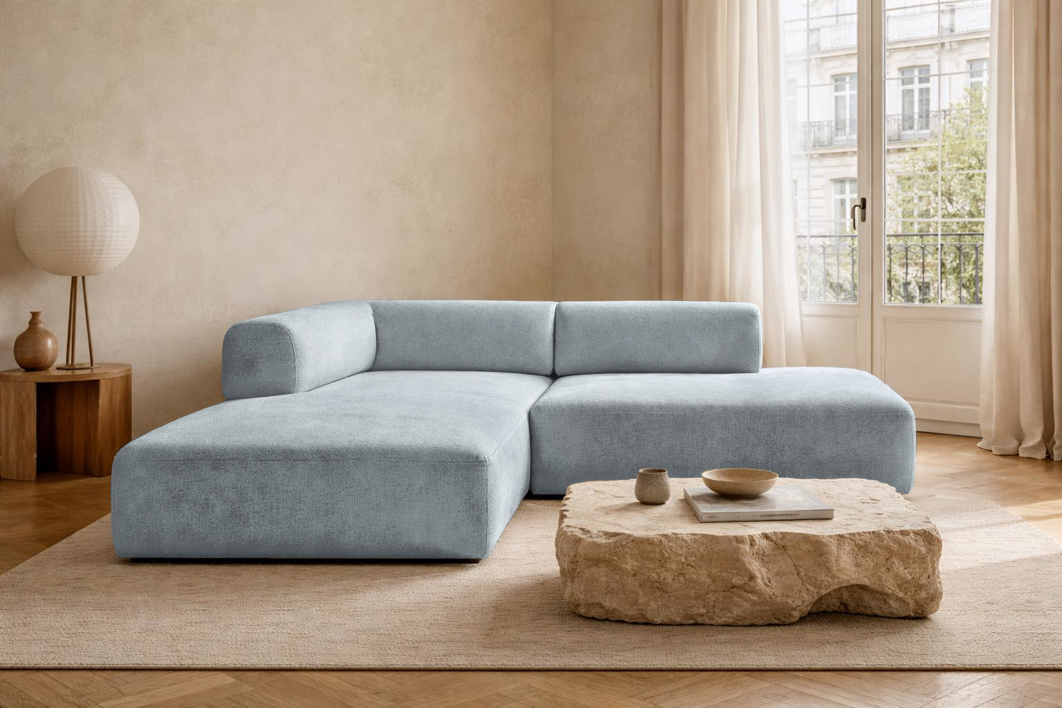 Canapé d’angle gauche Lancry en tissu chenille gris Paname Avenue, dans un décor inspire au quartier parisien