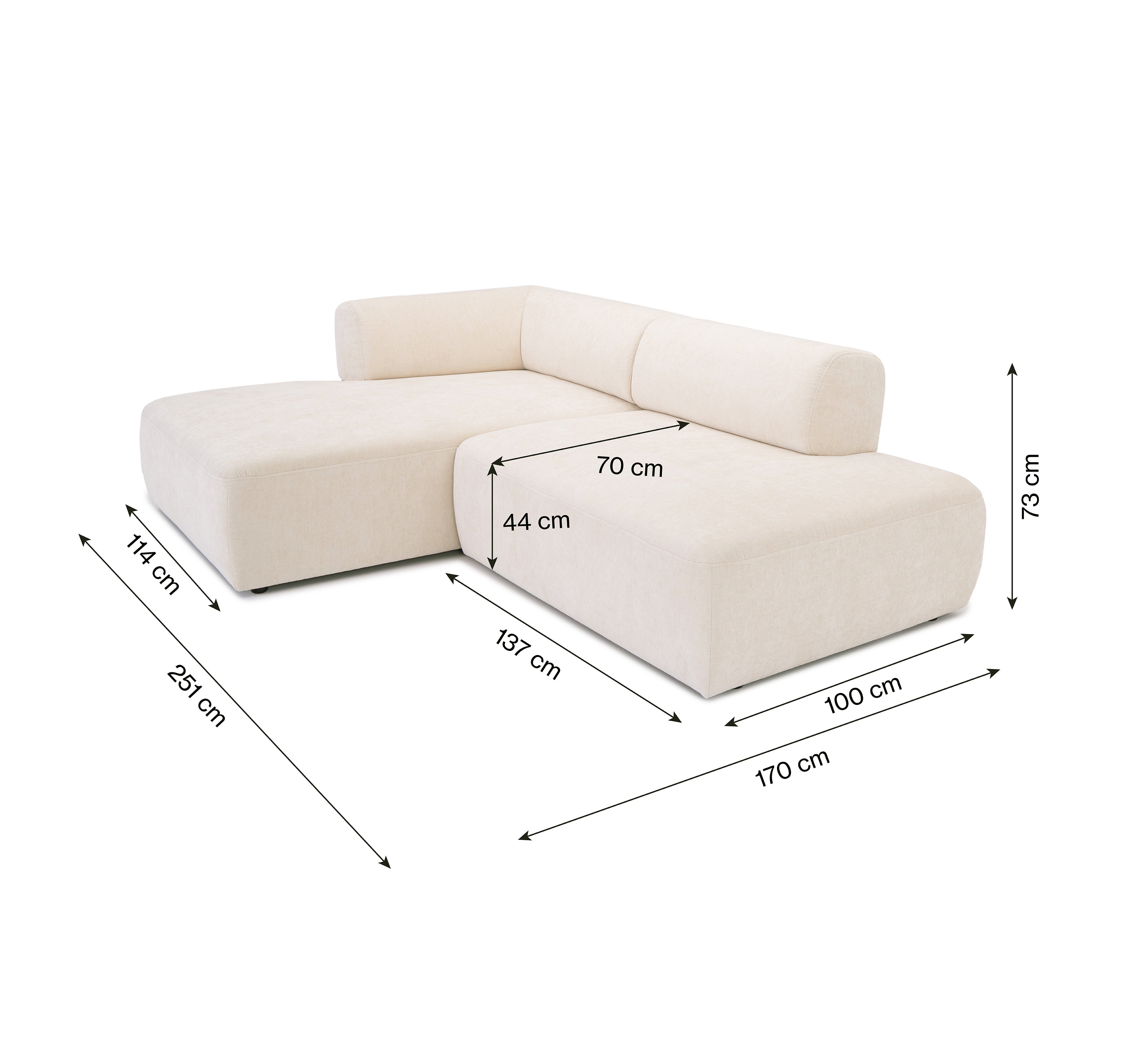 Canapé d’angle gauche Lancry en tissu chenille beige Paname Avenue, schéma des dimensions