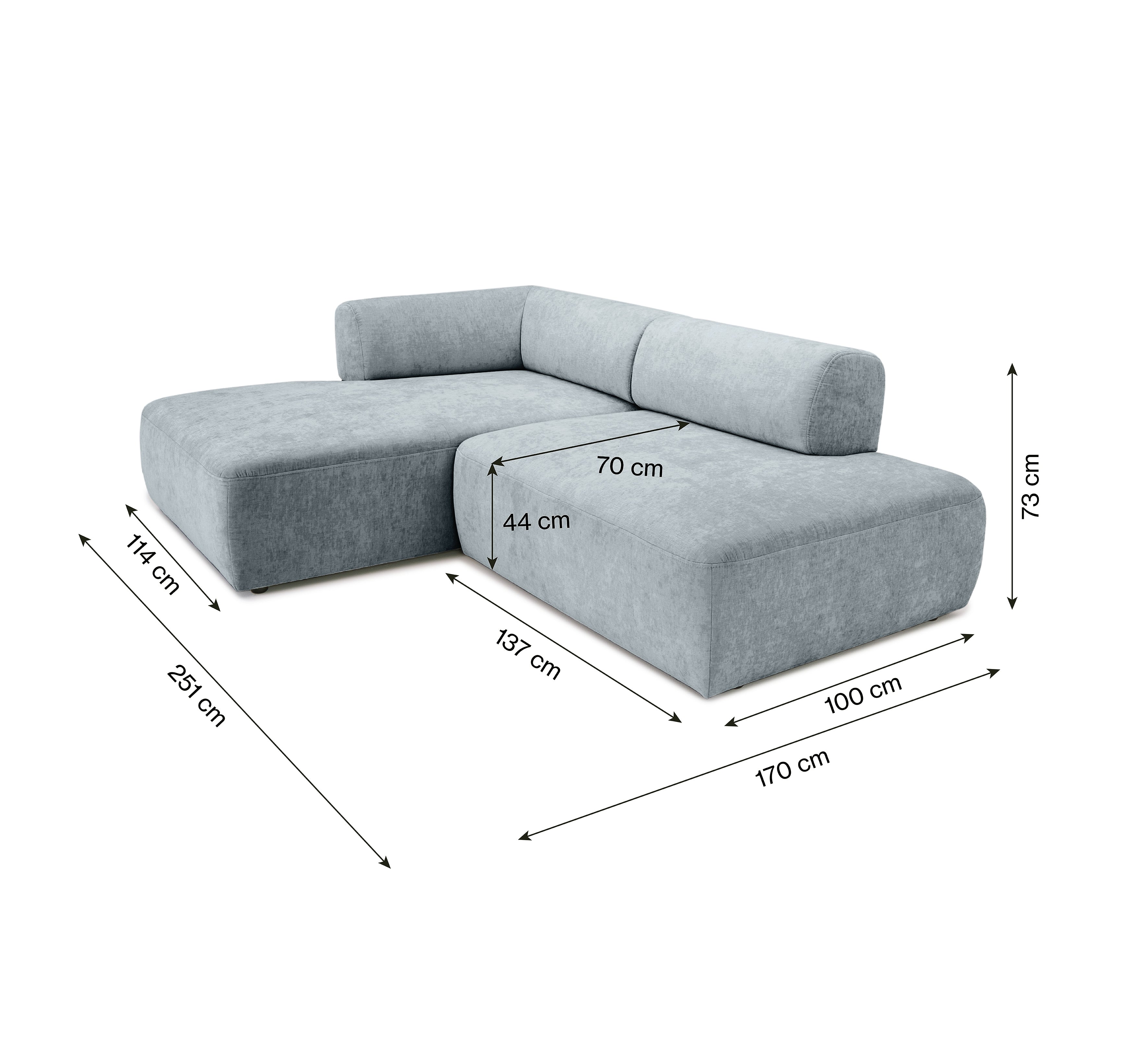 Canapé d’angle gauche Lancry en tissu chenille gris Paname Avenue, schéma des dimensions