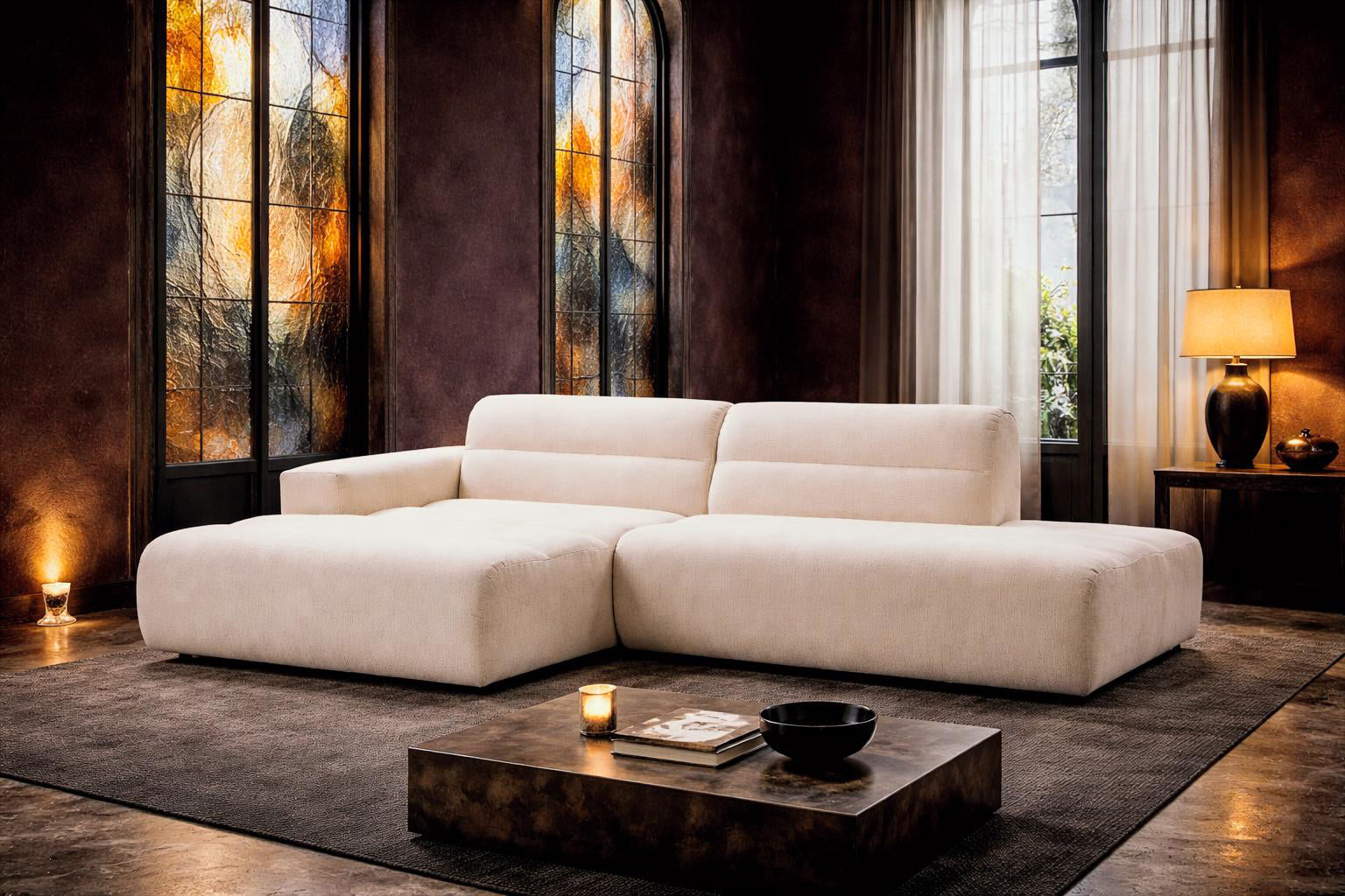 Canapé d’angle gauche Notre-Dame-de-Nazareth en tissu chenille beige Paname Avenue, dans un décor inspire au quartier parisien