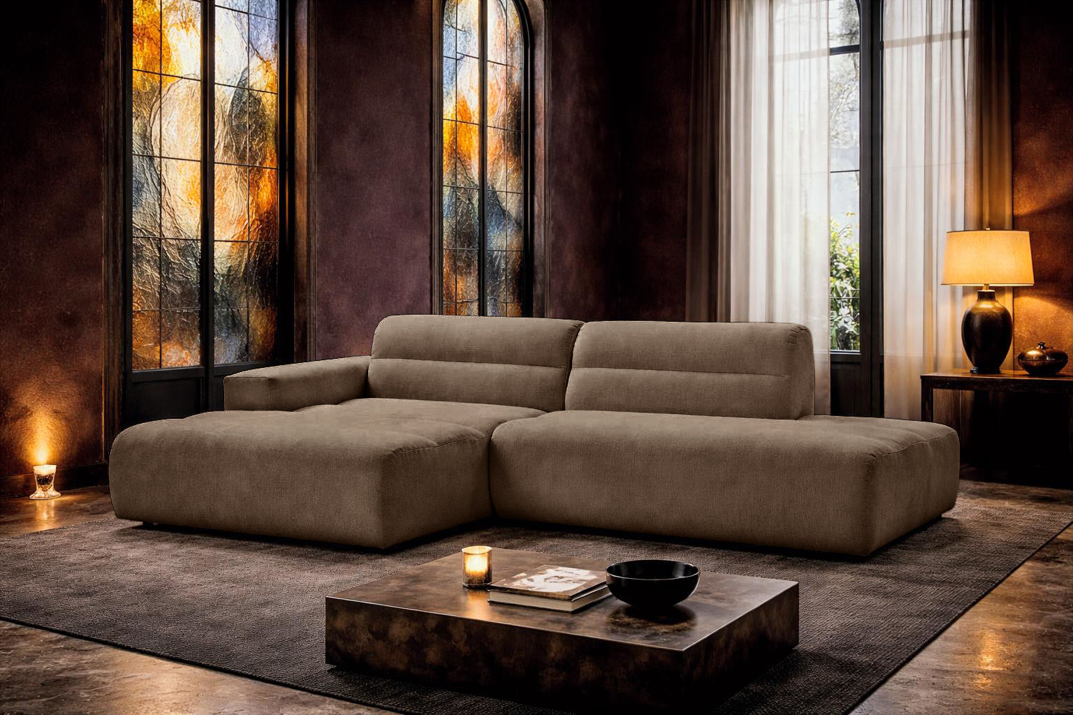 Canapé d’angle gauche Notre-Dame-de-Nazareth en tissu chenille taupe Paname Avenue, dans un décor inspire au quartier parisien