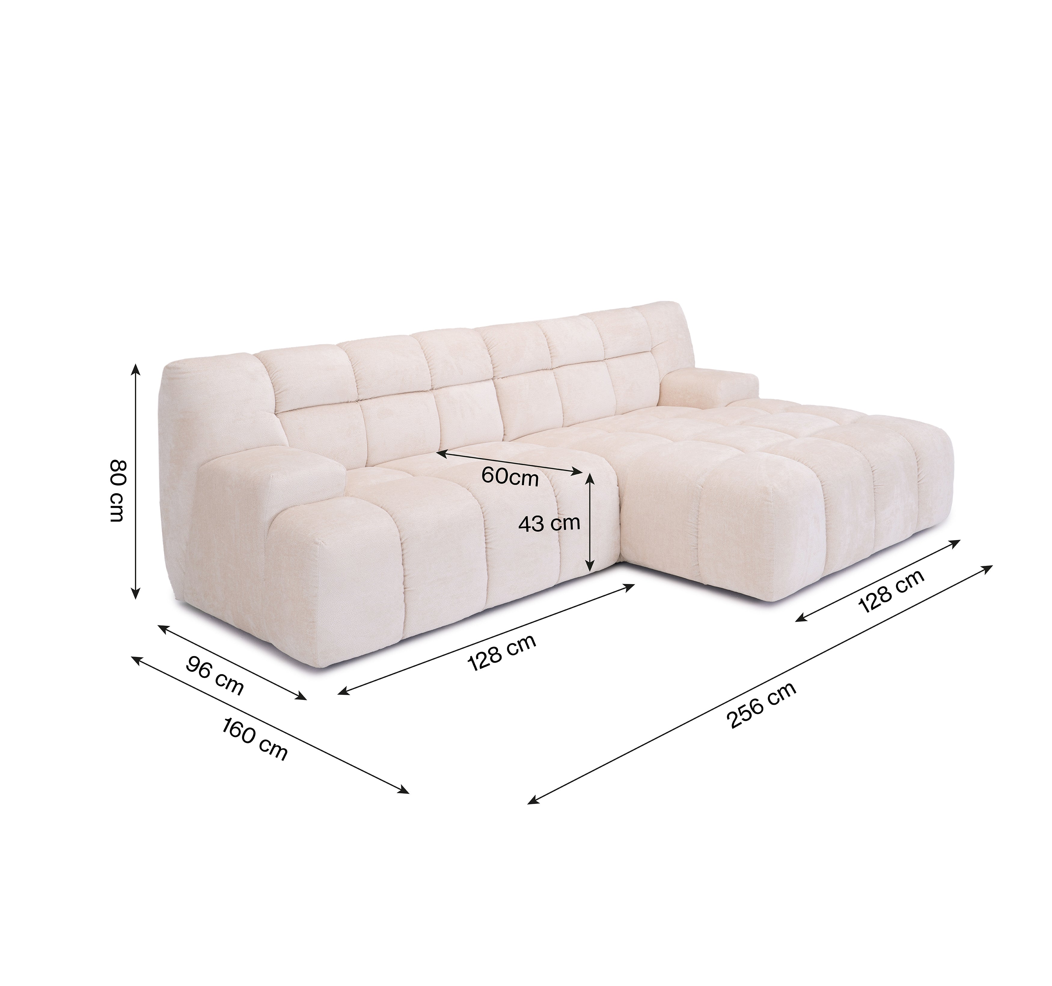 Canapé d’angle droit Caire en tissu chenille crème Paname Avenue, schéma des dimensions