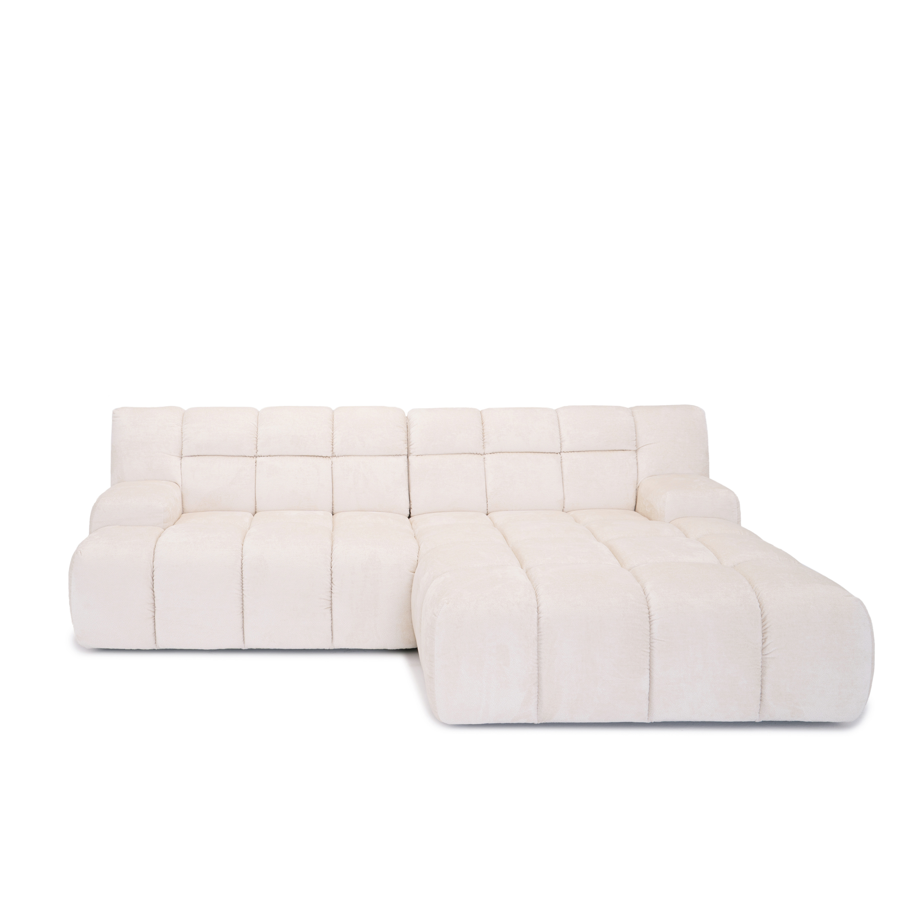 Canapé d’angle droit Caire en tissu chenille crème Paname Avenue, vue de face sur fond blanc