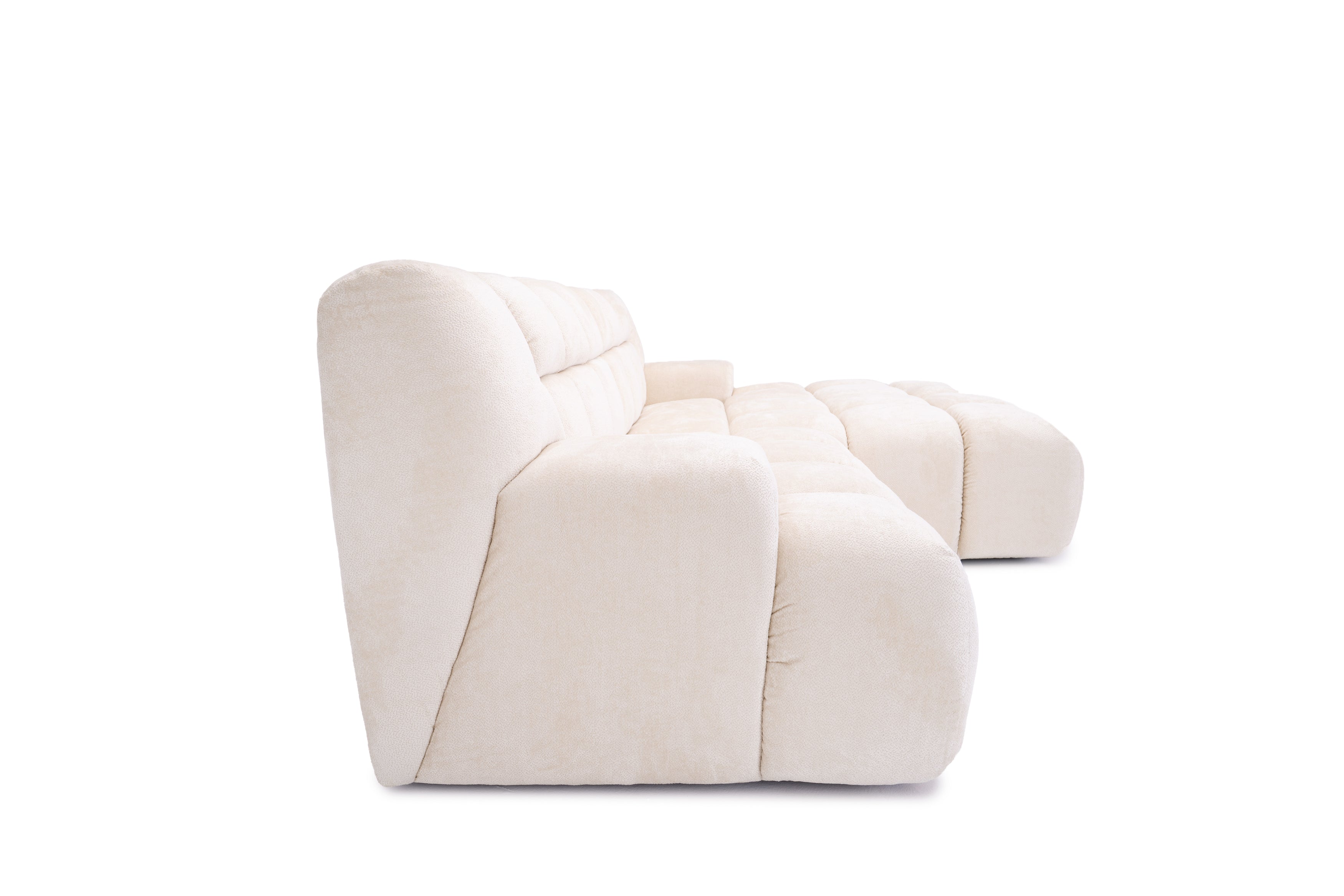 Canapé d’angle droit Caire en tissu chenille crème Paname Avenue, vue de profil sur fond blanc