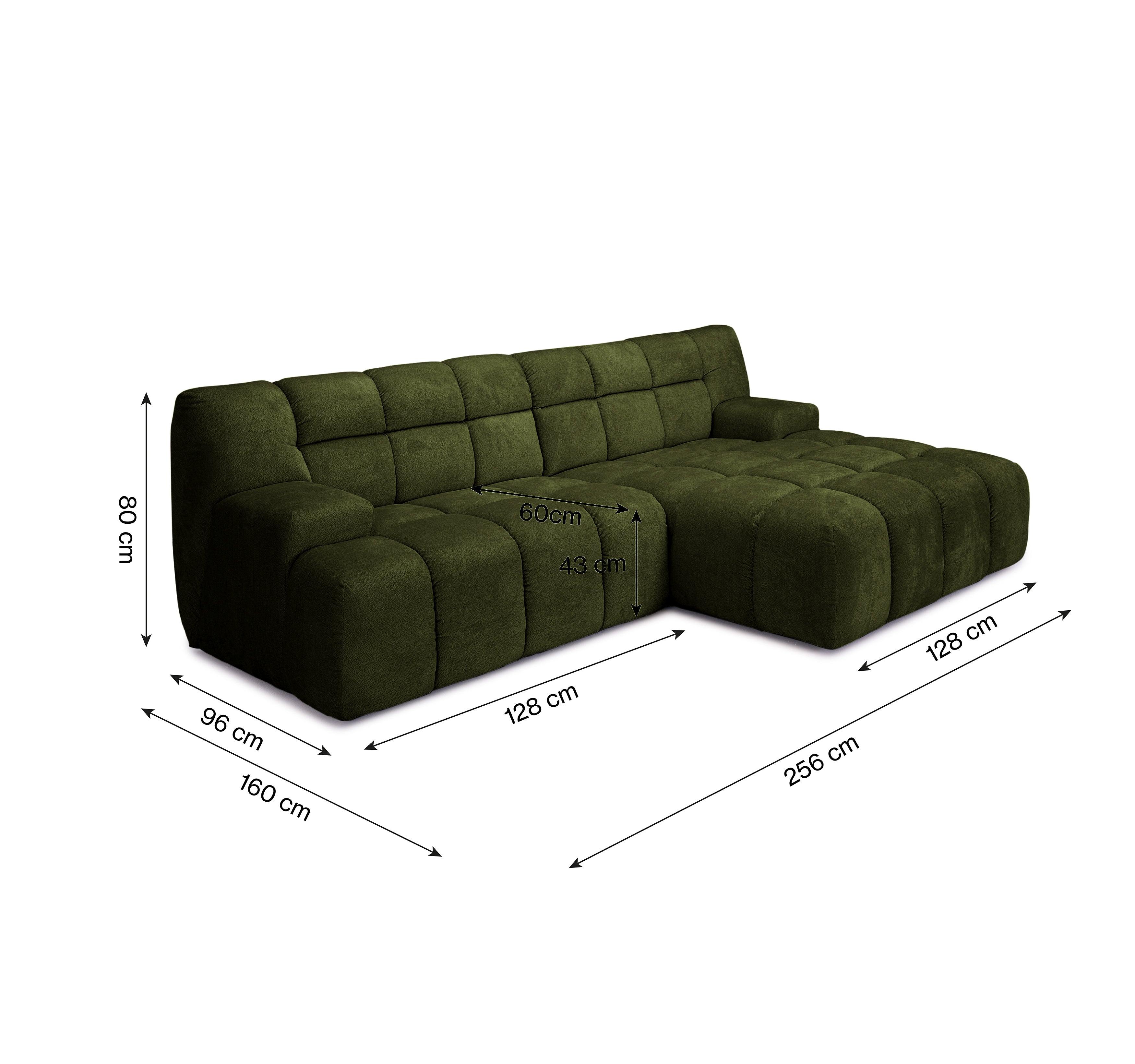 Canapé d’angle droit Caire en tissu chenille vert olive Paname Avenue, schéma des dimensions