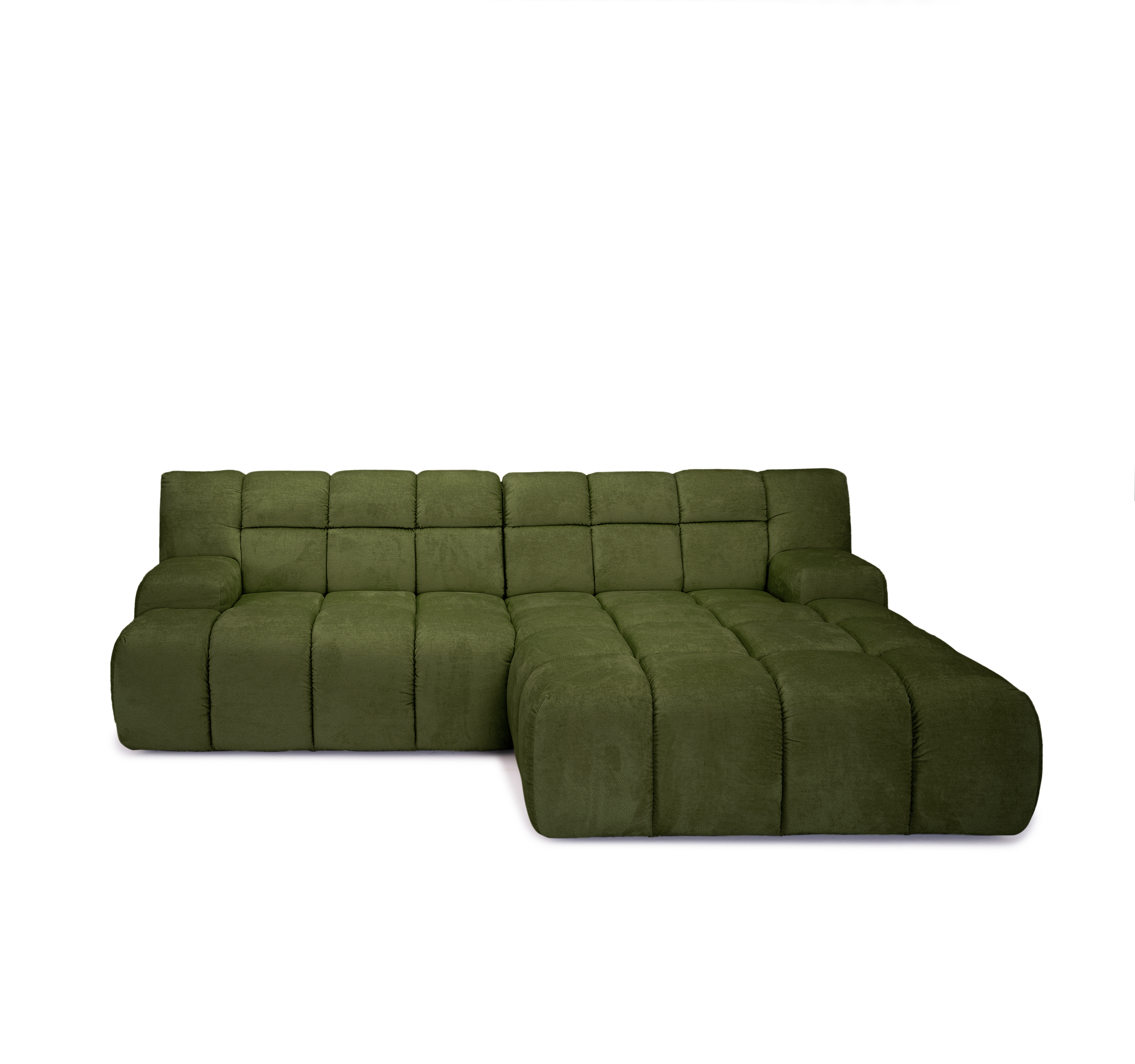 Canapé d’angle droit Caire en tissu chenille vert olive Paname Avenue, vue de face sur fond blanc