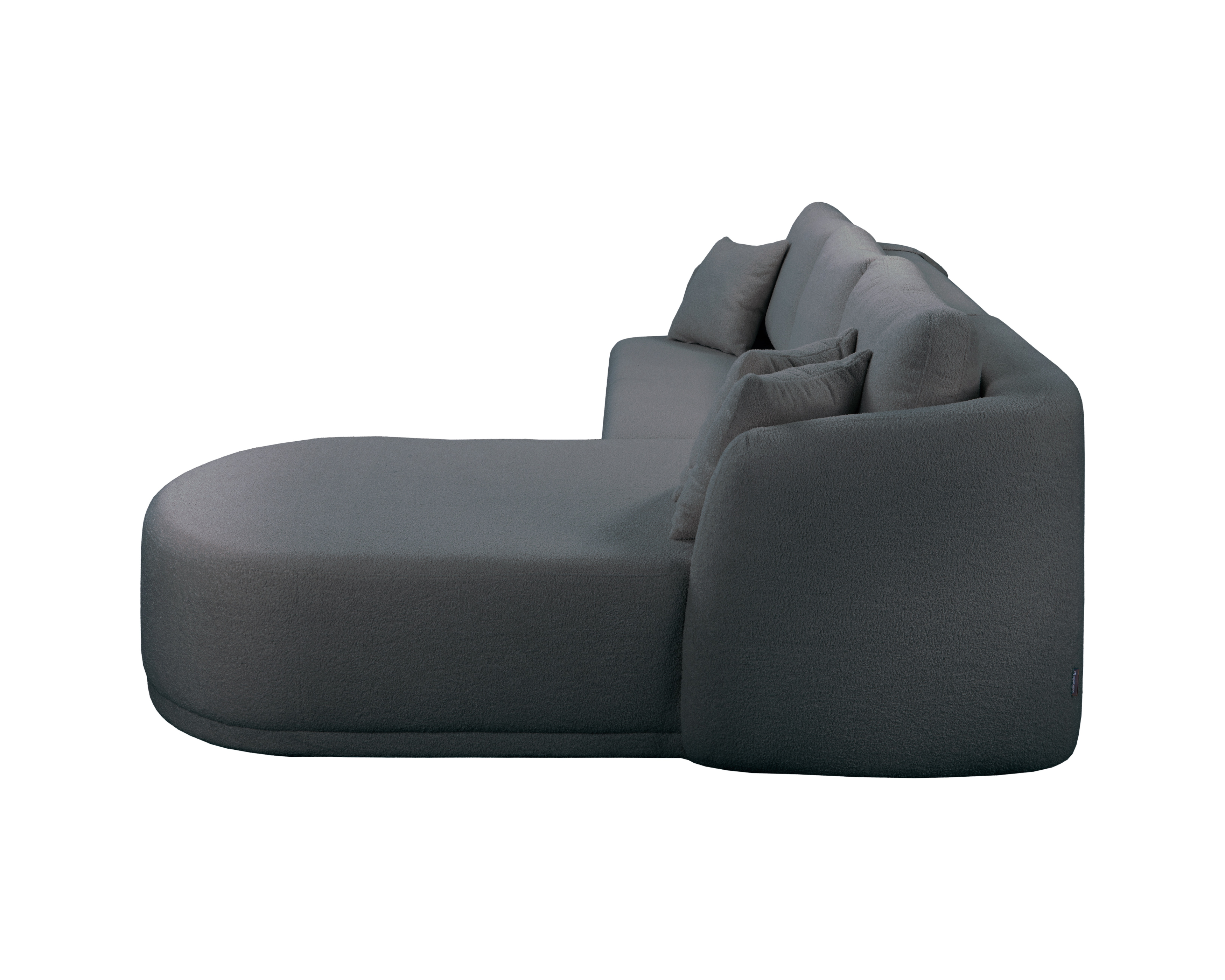 Canapé d’angle droit Charlot en tissu bouclette anthracite Paname Avenue, vue de profil sur fond blanc