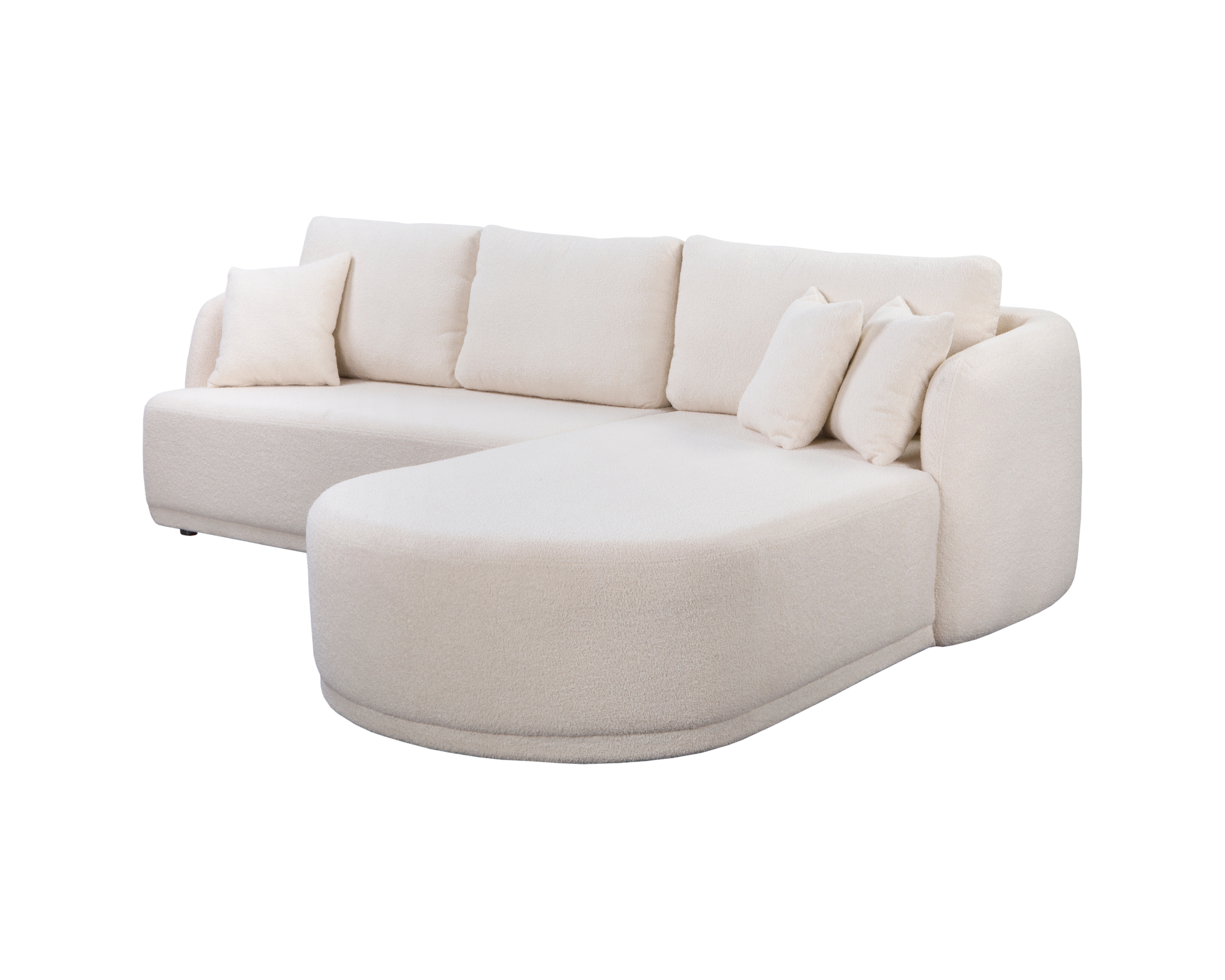 Canapé d’angle droit Charlot en tissu bouclette beige Paname Avenue, vue trois-quarts sur fond blanc