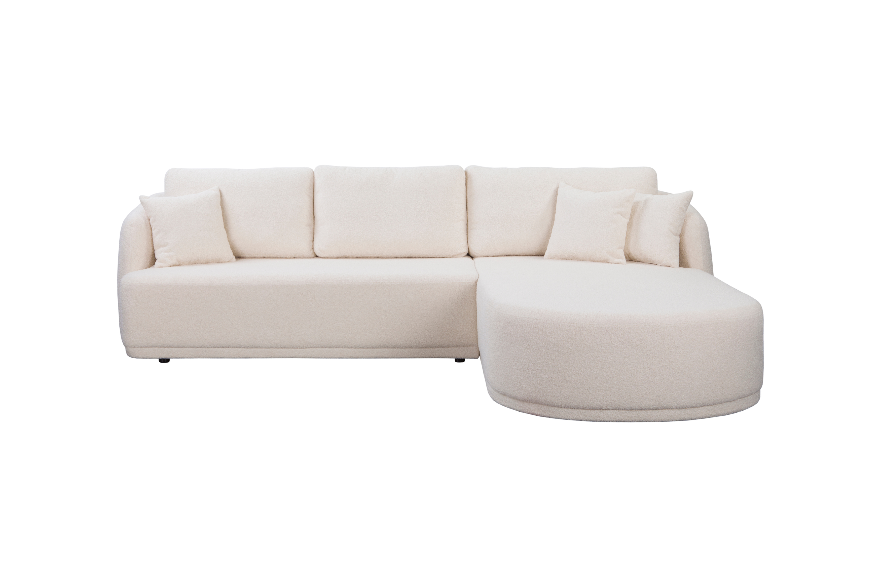 Canapé d’angle droit Charlot en tissu bouclette beige Paname Avenue, vue de face sur fond blanc