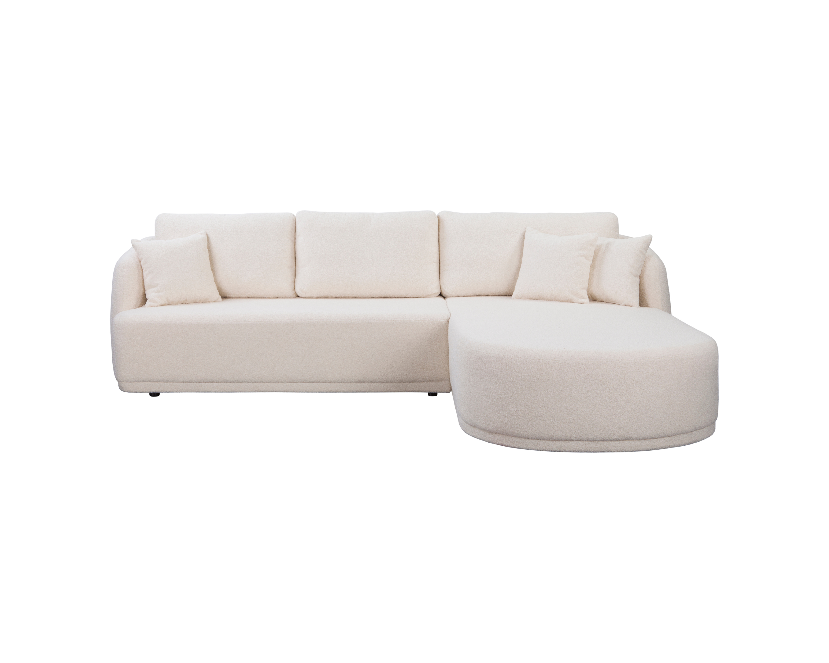 Canapé d’angle droit Charlot en tissu bouclette beige Paname Avenue, vue de face sur fond blanc