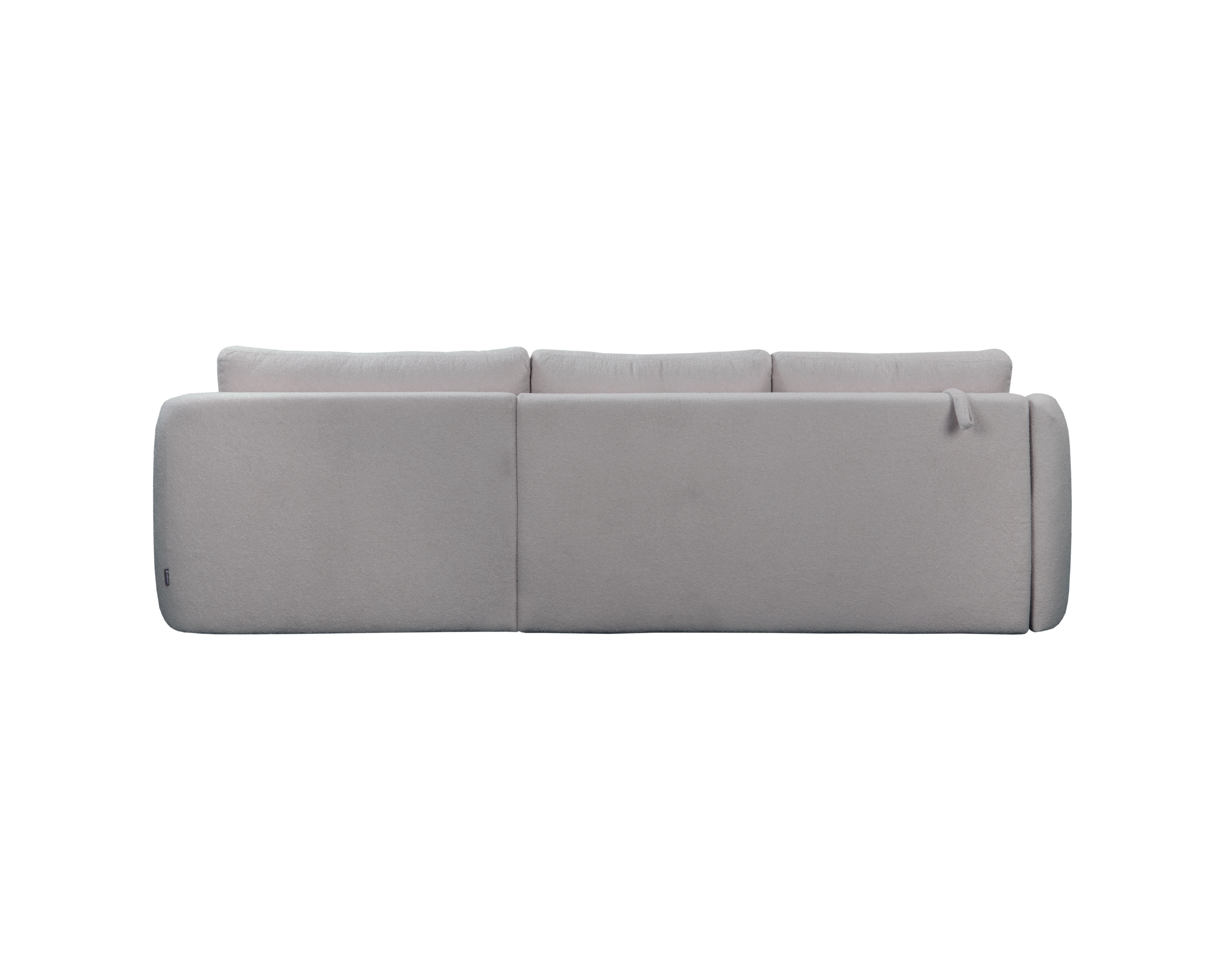 Canapé d’angle droit Charlot en tissu bouclette gris Paname Avenue, vue arrière sur fond blanc