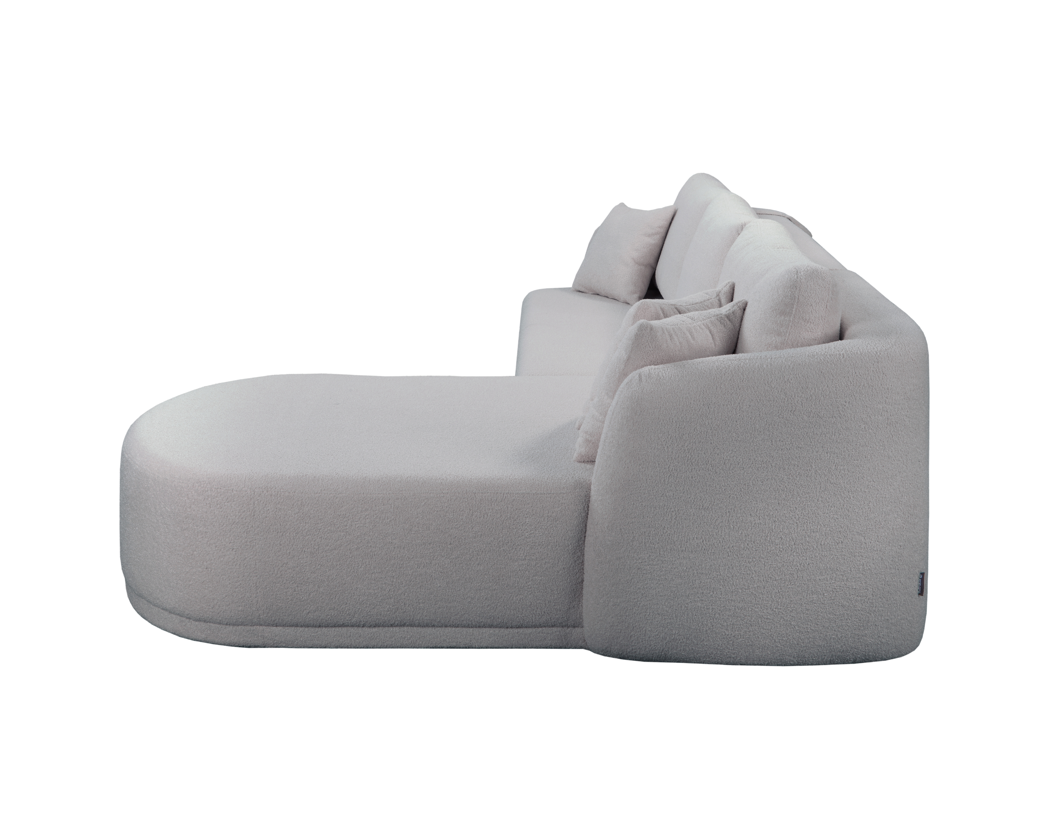 Canapé d’angle droit Charlot en tissu bouclette gris Paname Avenue, vue de profil sur fond blanc