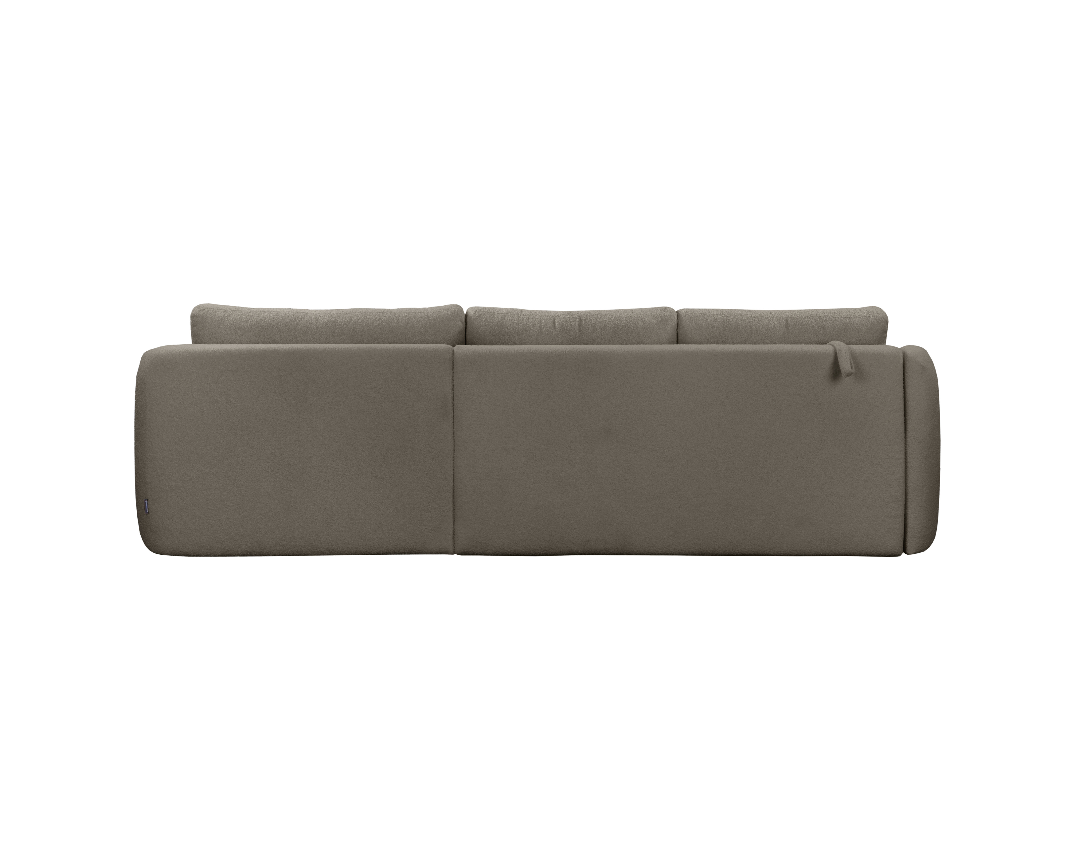 Canapé d’angle droit Charlot en tissu bouclette taupe Paname Avenue, vue arrière sur fond blanc