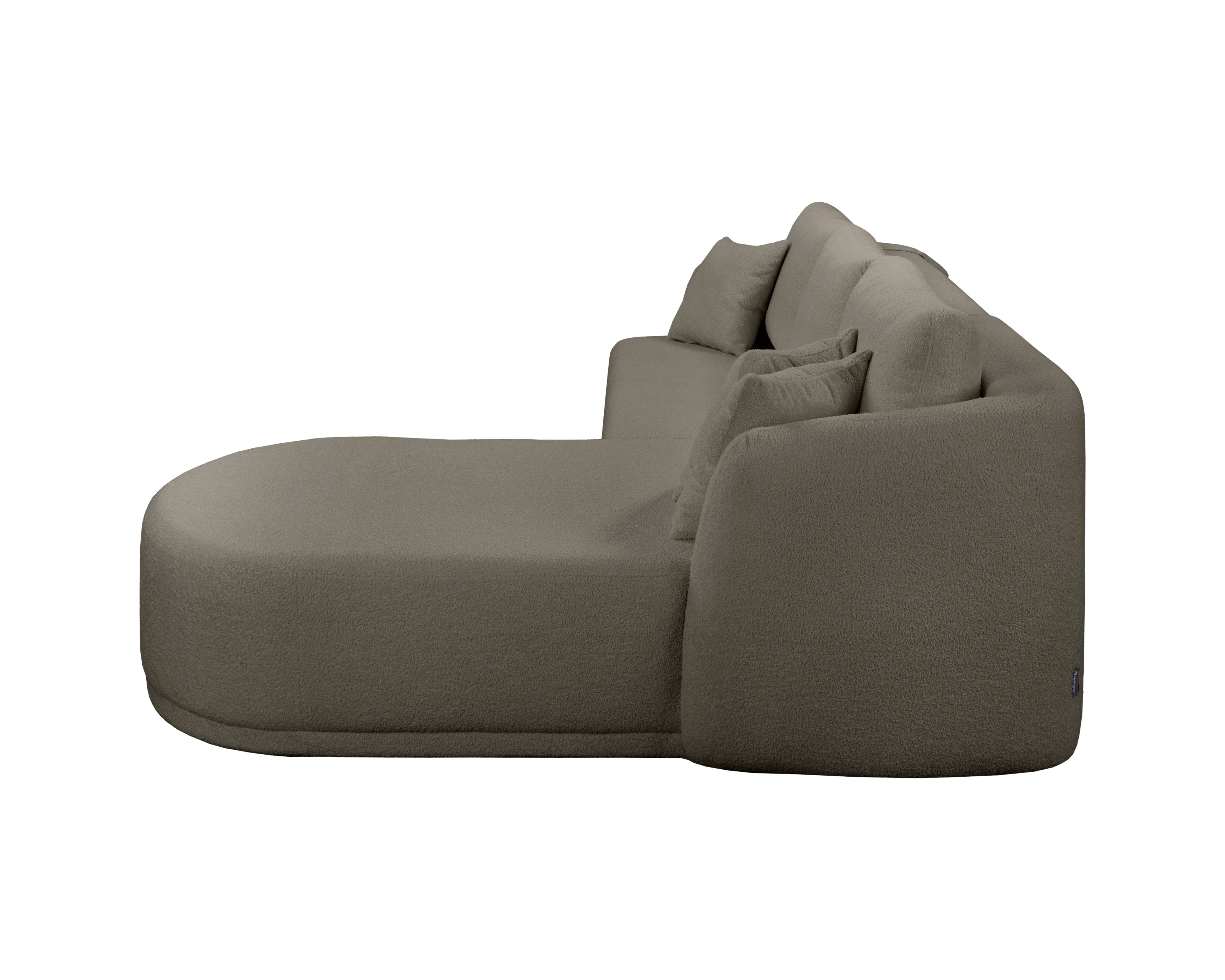 Canapé d’angle droit Charlot en tissu bouclette taupe Paname Avenue, vue de profil sur fond blanc