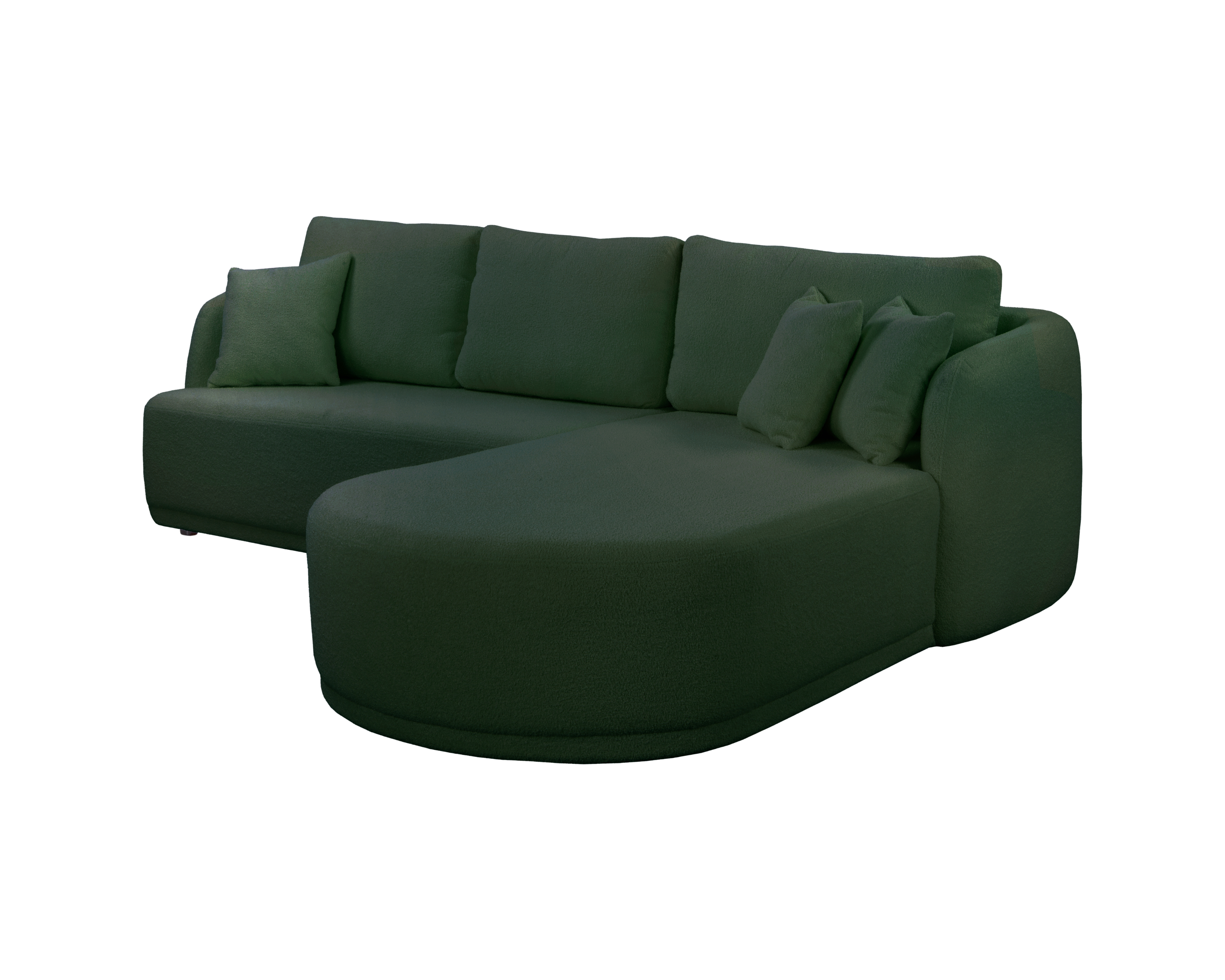 Canapé d’angle droit Charlot en tissu bouclette vert Paname Avenue, vue trois-quarts sur fond blanc