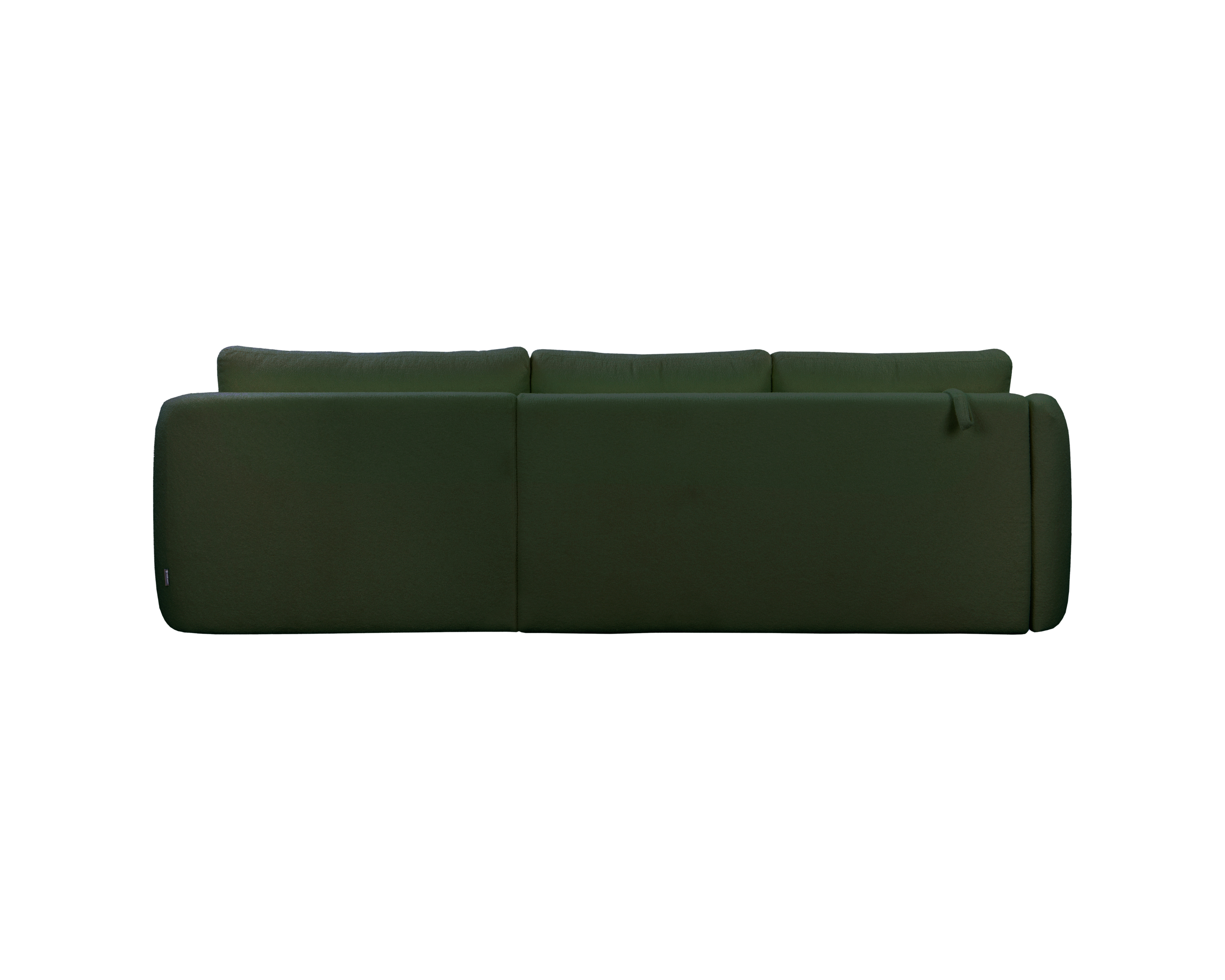 Canapé d’angle droit Charlot en tissu bouclette vert Paname Avenue, vue arrière sur fond blanc