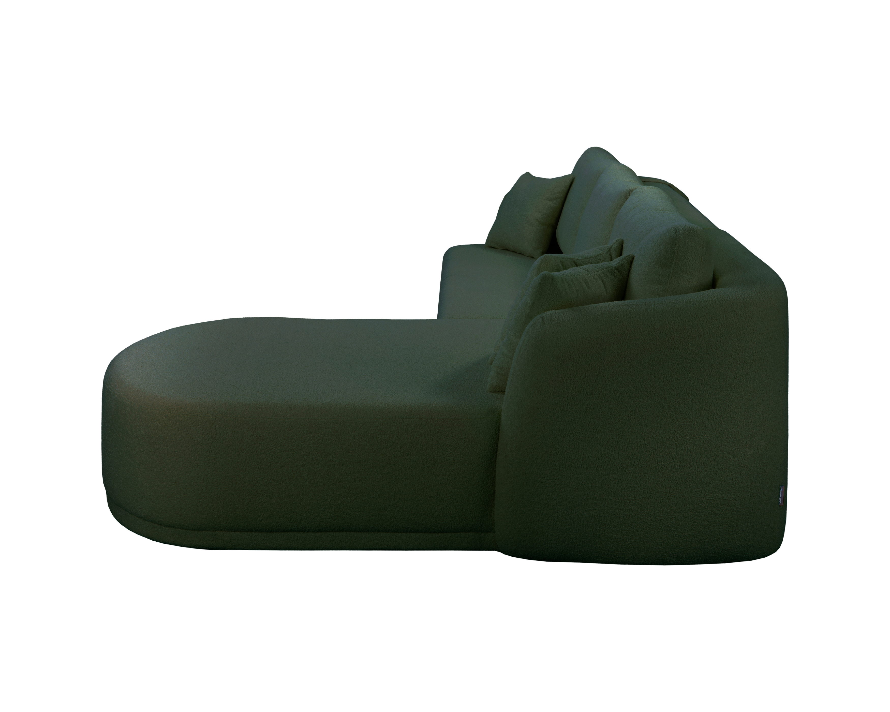 Canapé d’angle droit Charlot en tissu bouclette vert Paname Avenue, vue de profil sur fond blanc