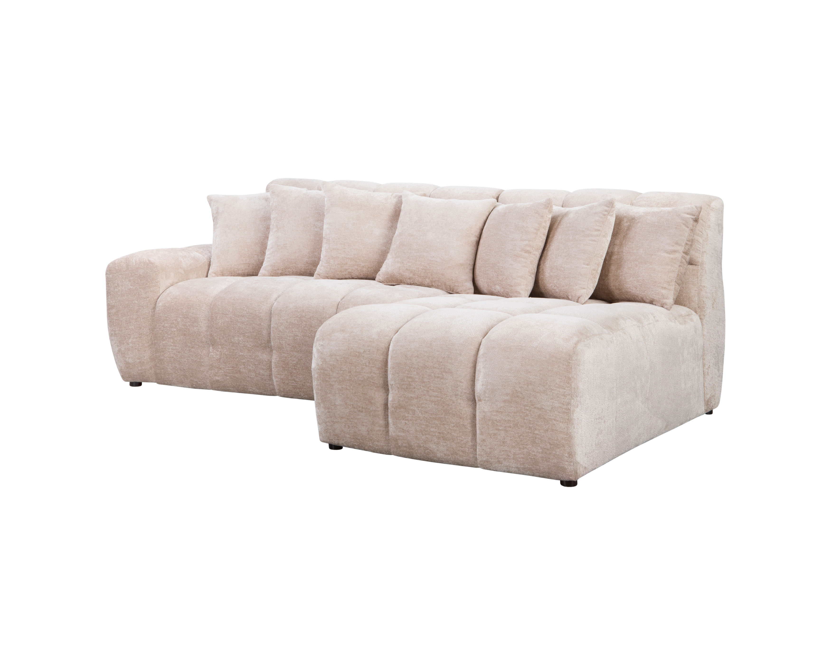 Canapé d’angle droit Fontaine au Roi en tissu chenille beige Paname Avenue, vue trois-quarts sur fond blanc