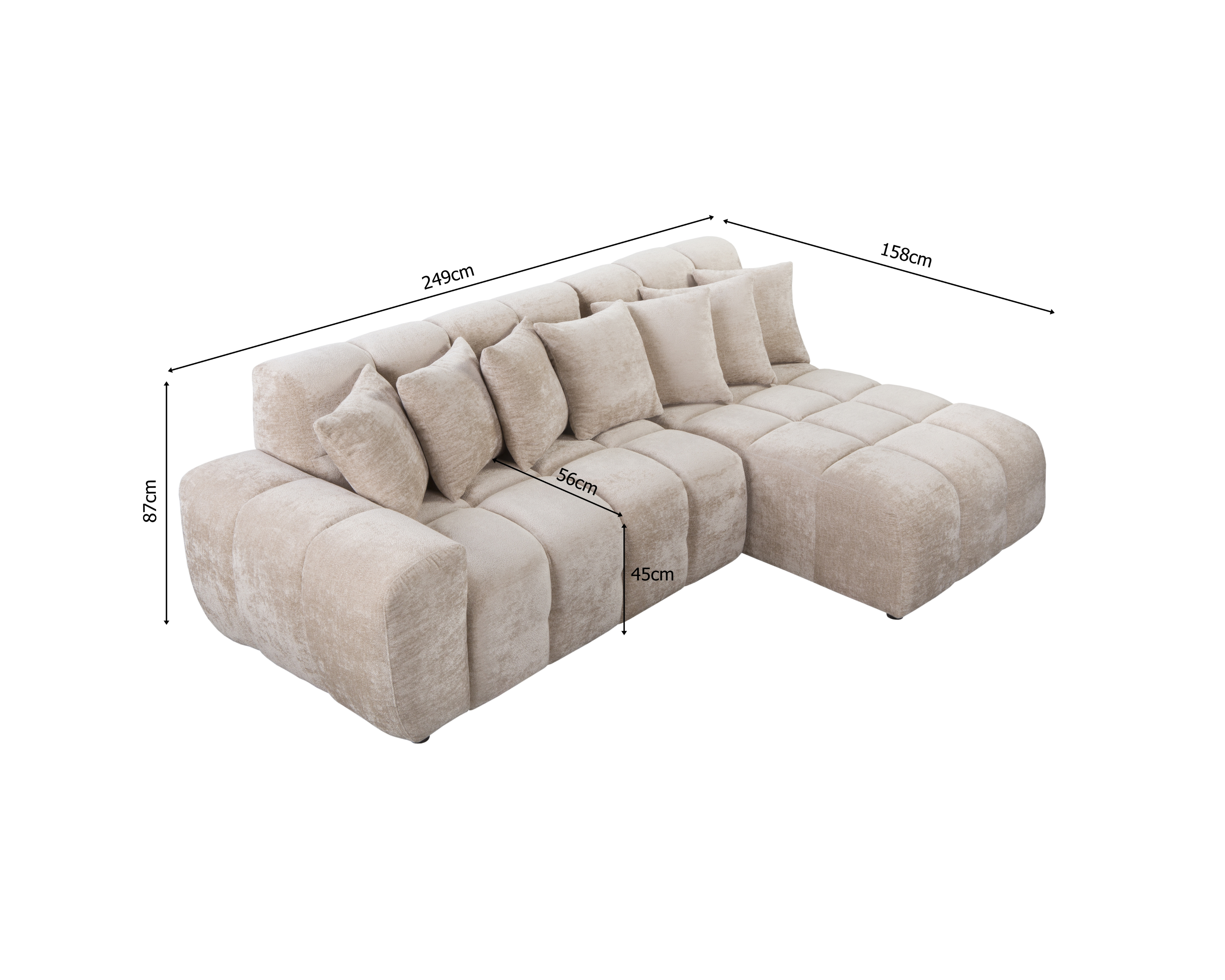 Canapé d’angle droit Fontaine au Roi en tissu chenille beige Paname Avenue, schéma des dimensions