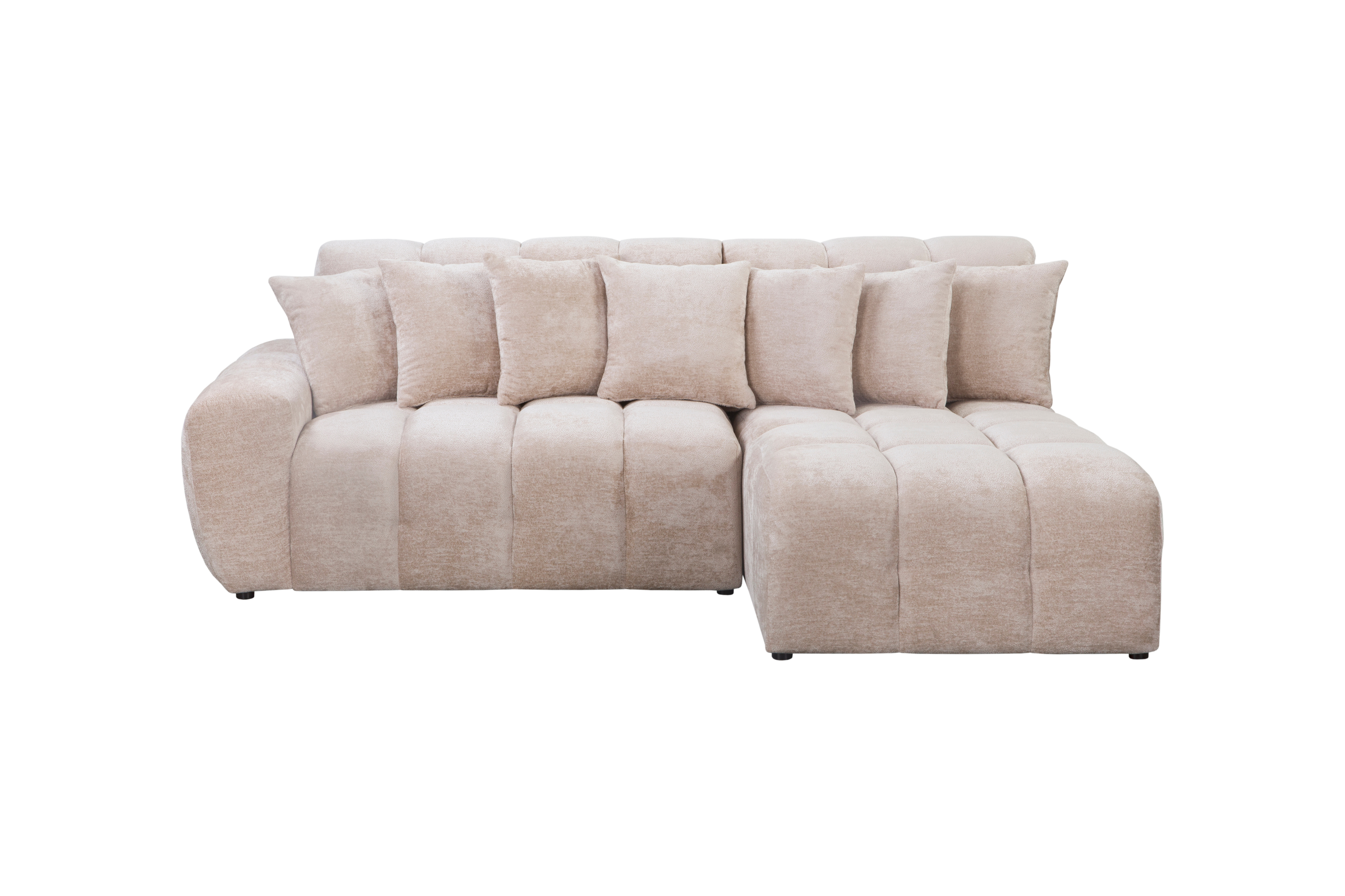 Canapé d’angle droit Fontaine au Roi en tissu chenille beige Paname Avenue, vue de face sur fond blanc