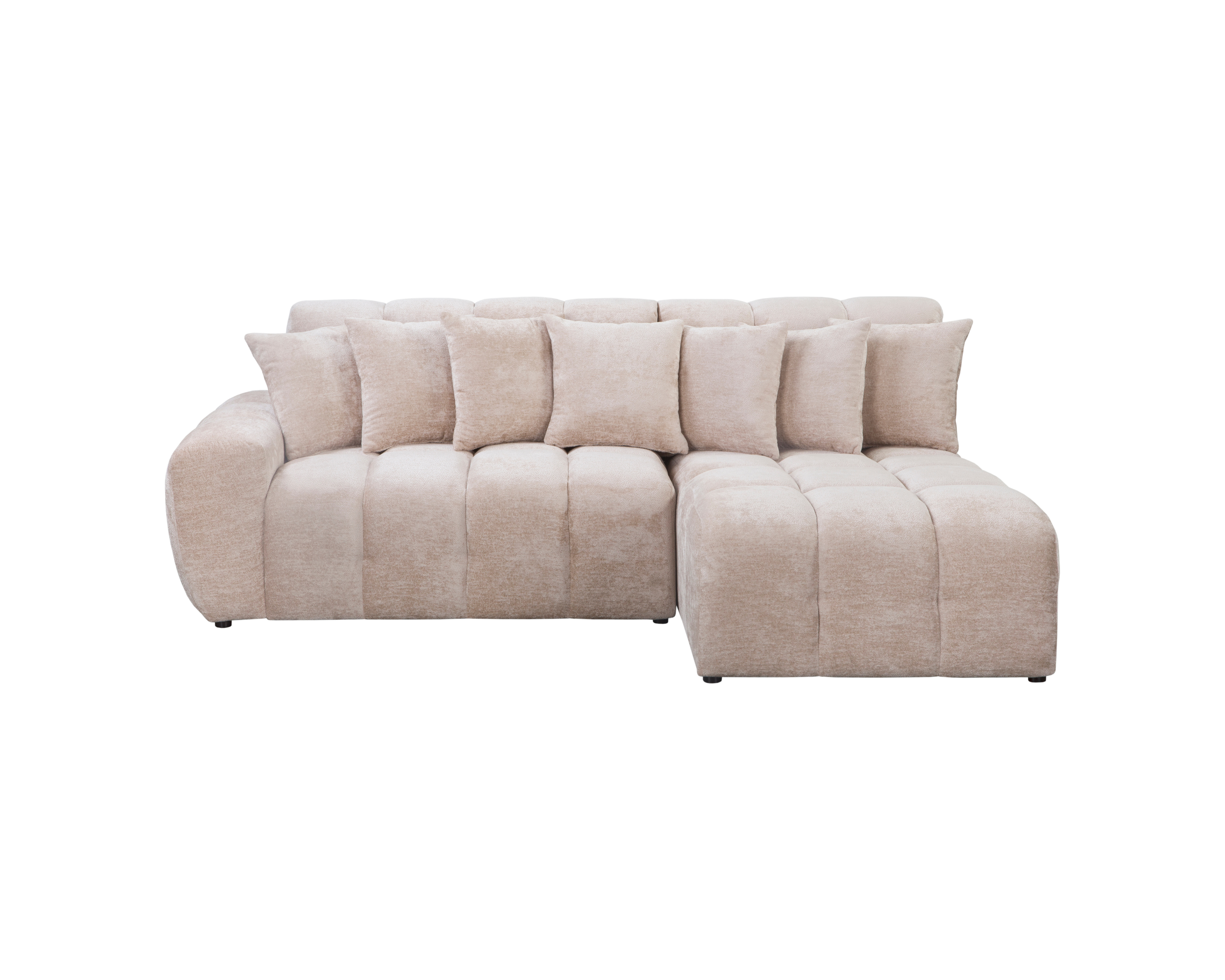 Canapé d’angle droit Fontaine au Roi en tissu chenille beige Paname Avenue, vue de face sur fond blanc