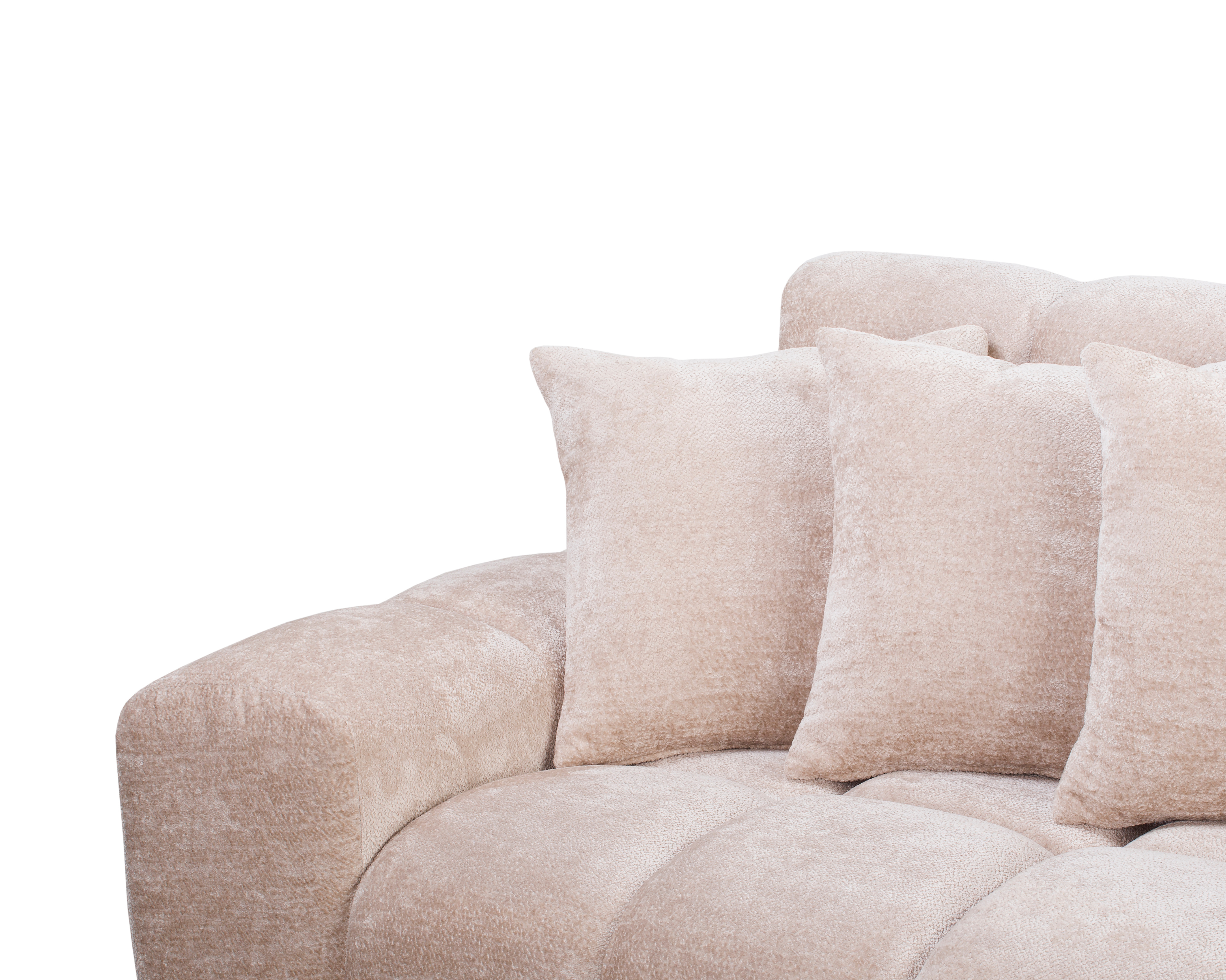 Canapé d’angle droit Fontaine au Roi en tissu chenille beige Paname Avenue, zoom sur les coussins