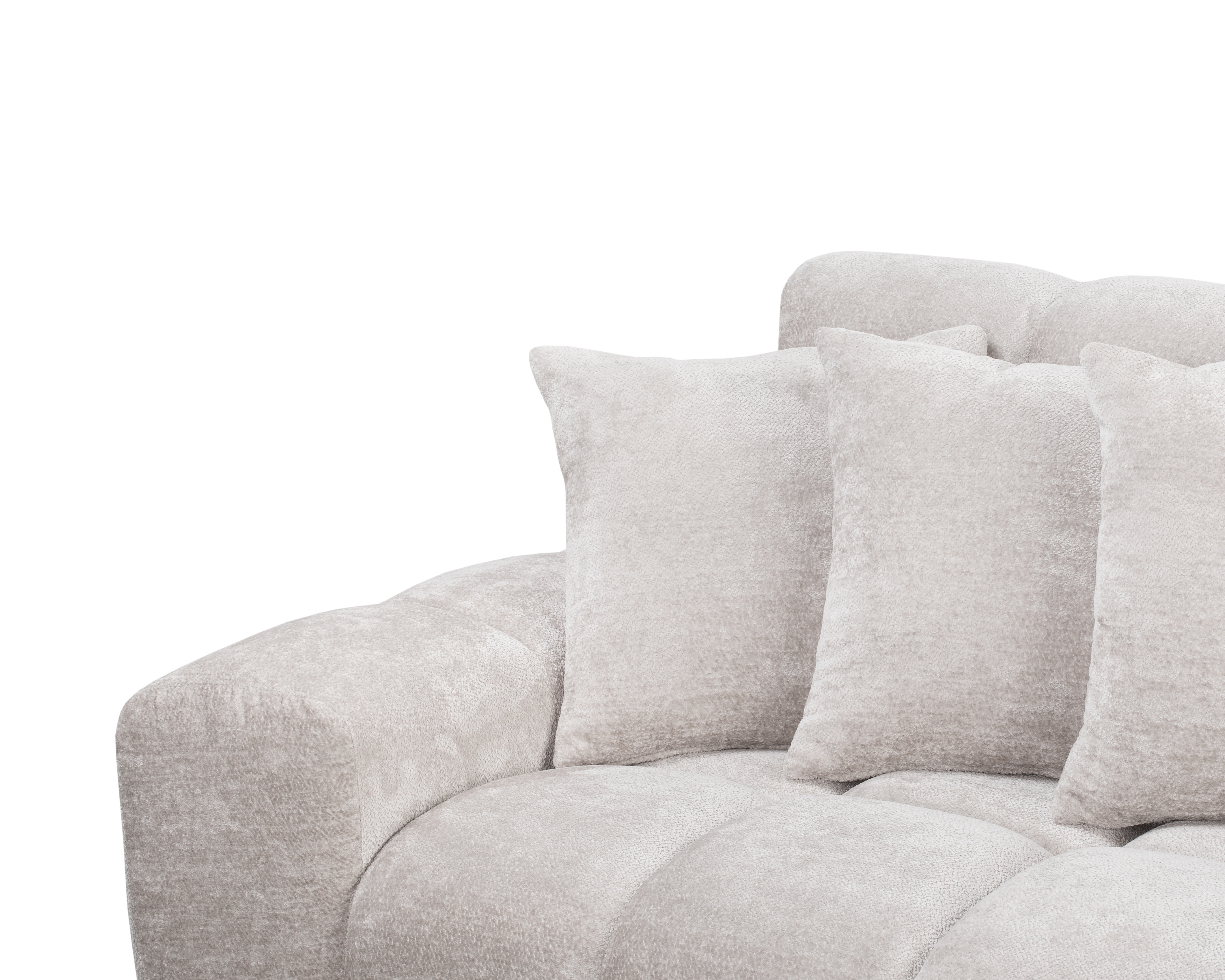 Canapé d’angle droit Fontaine au Roi en tissu chenille gris Paname Avenue, zoom sur les coussins