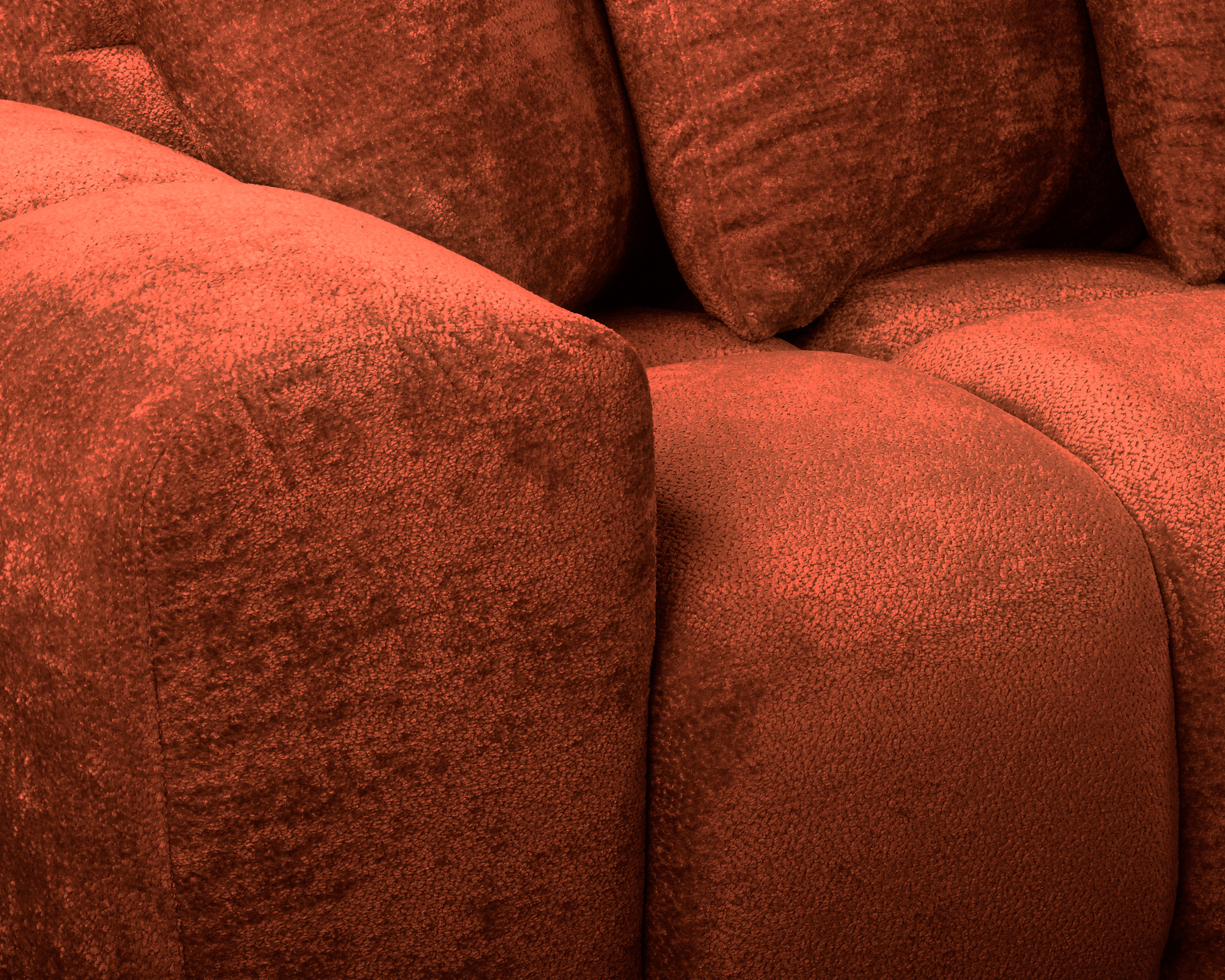 Canapé d’angle droit Fontaine au Roi en tissu chenille terracotta Paname Avenue, zoom sur l’accoudoir