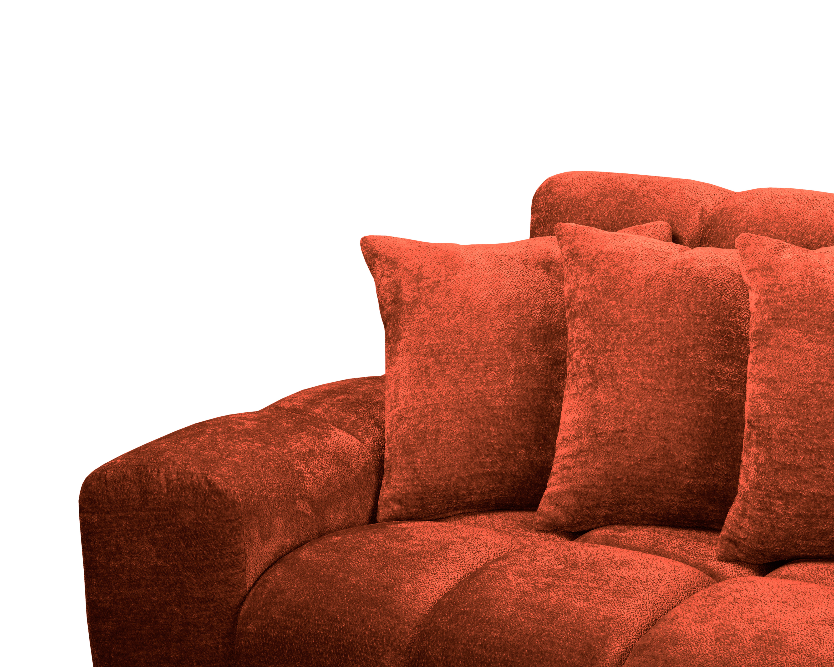 Canapé d’angle droit Fontaine au Roi en tissu chenille terracotta Paname Avenue, zoom sur les coussins