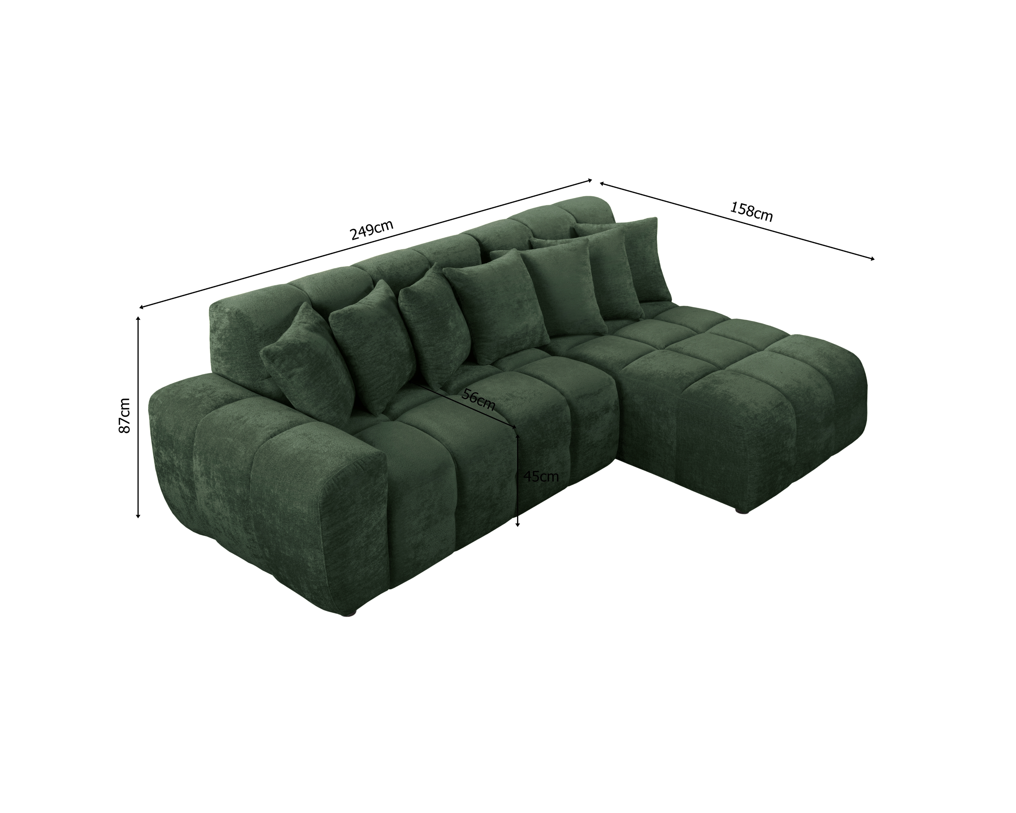 Canapé d’angle droit Fontaine au Roi en tissu chenille vert Paname Avenue, schéma des dimensions