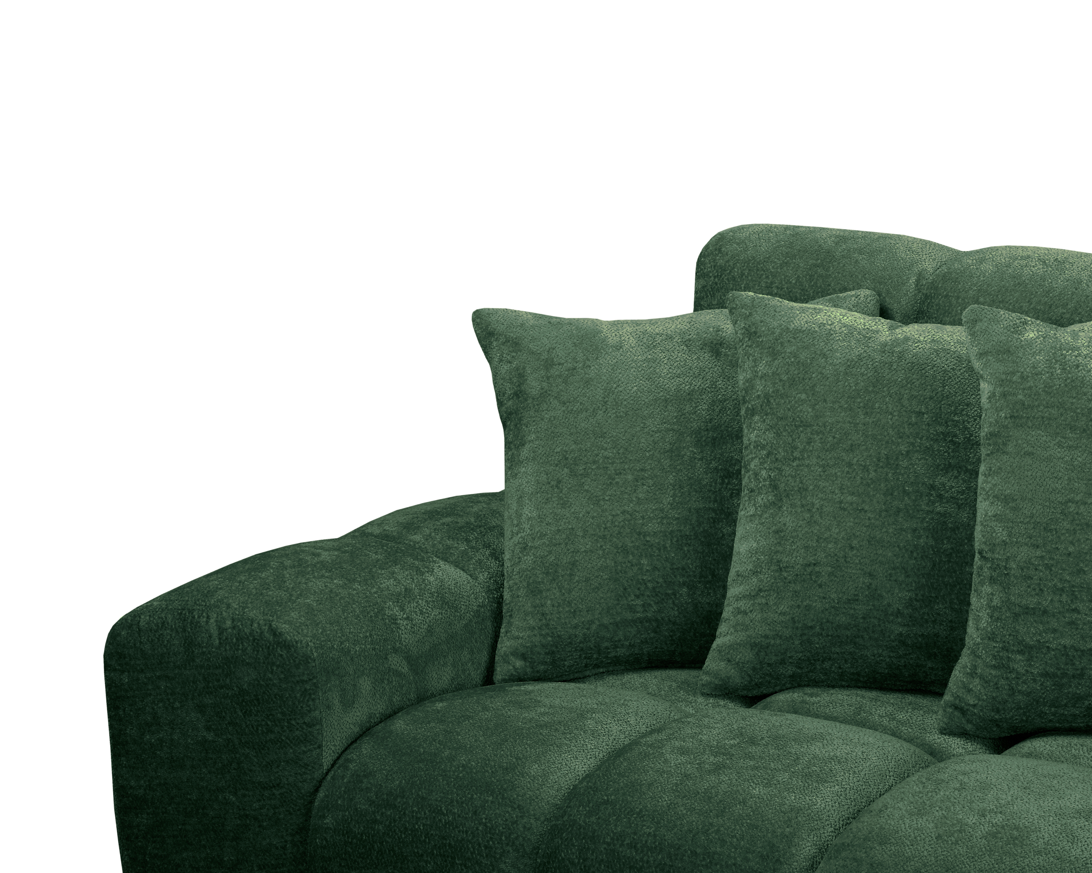 Canapé d’angle droit Fontaine au Roi en tissu chenille vert Paname Avenue, zoom sur les coussins