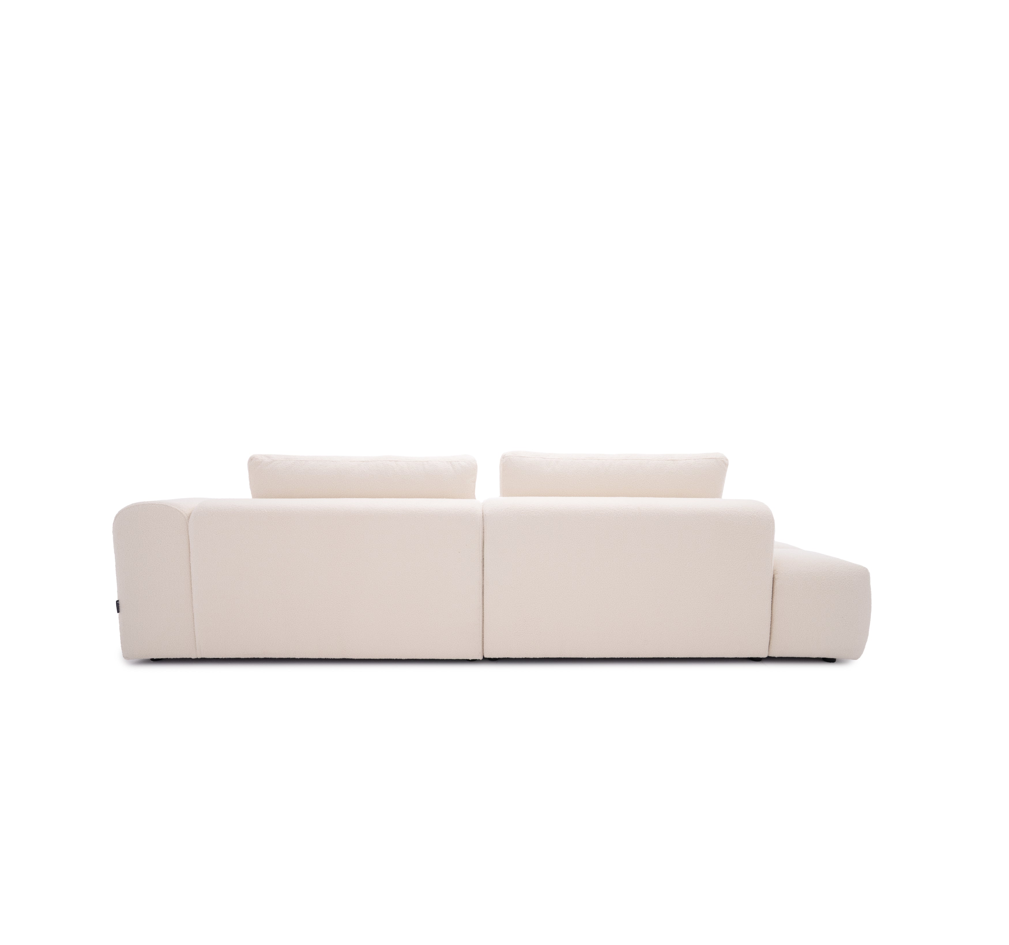 Canapé d’angle droit Montagne Sainte-Geneviève en tissu bouclette beige Paname Avenue, vue arrière sur fond blanc