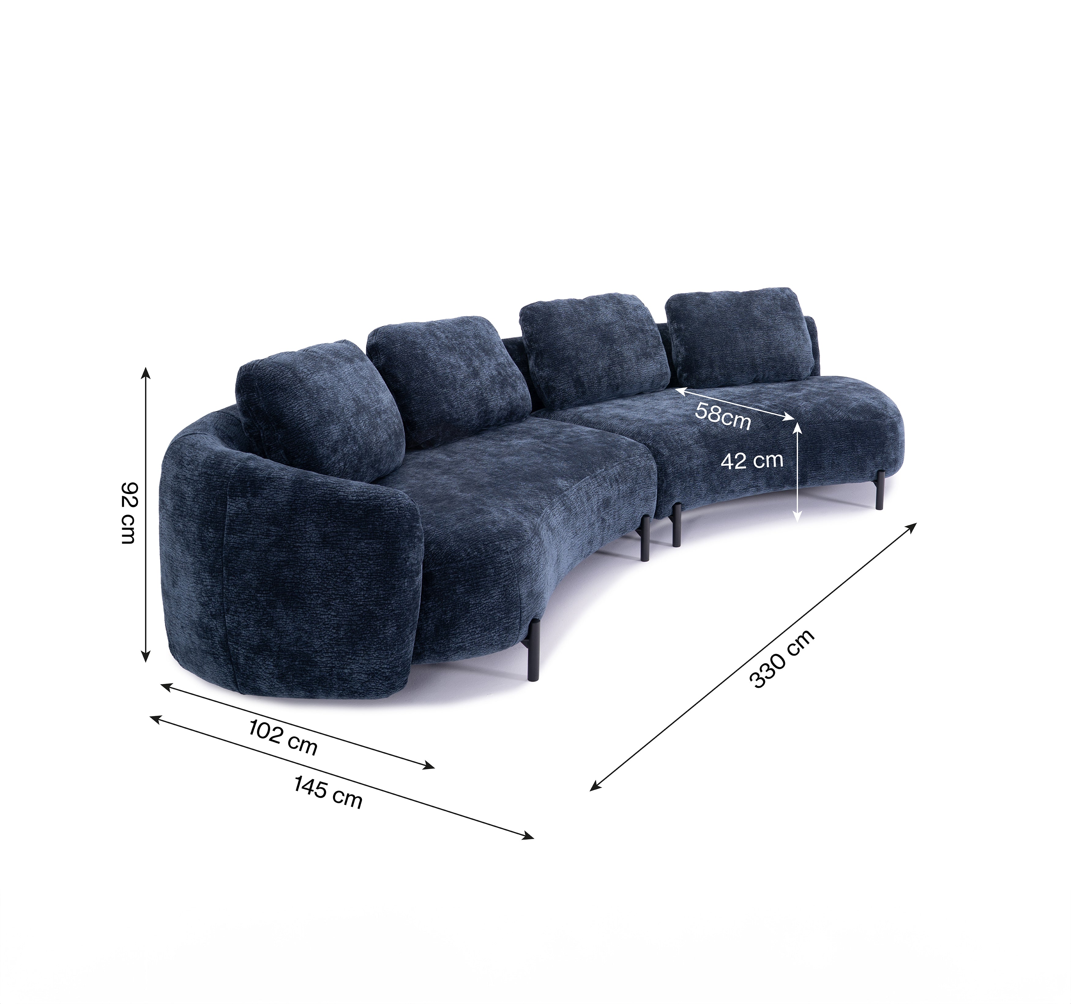 Canapé d’angle droit Saint-Sauveur en tissu chenille bleu Paname Avenue, schéma des dimensions