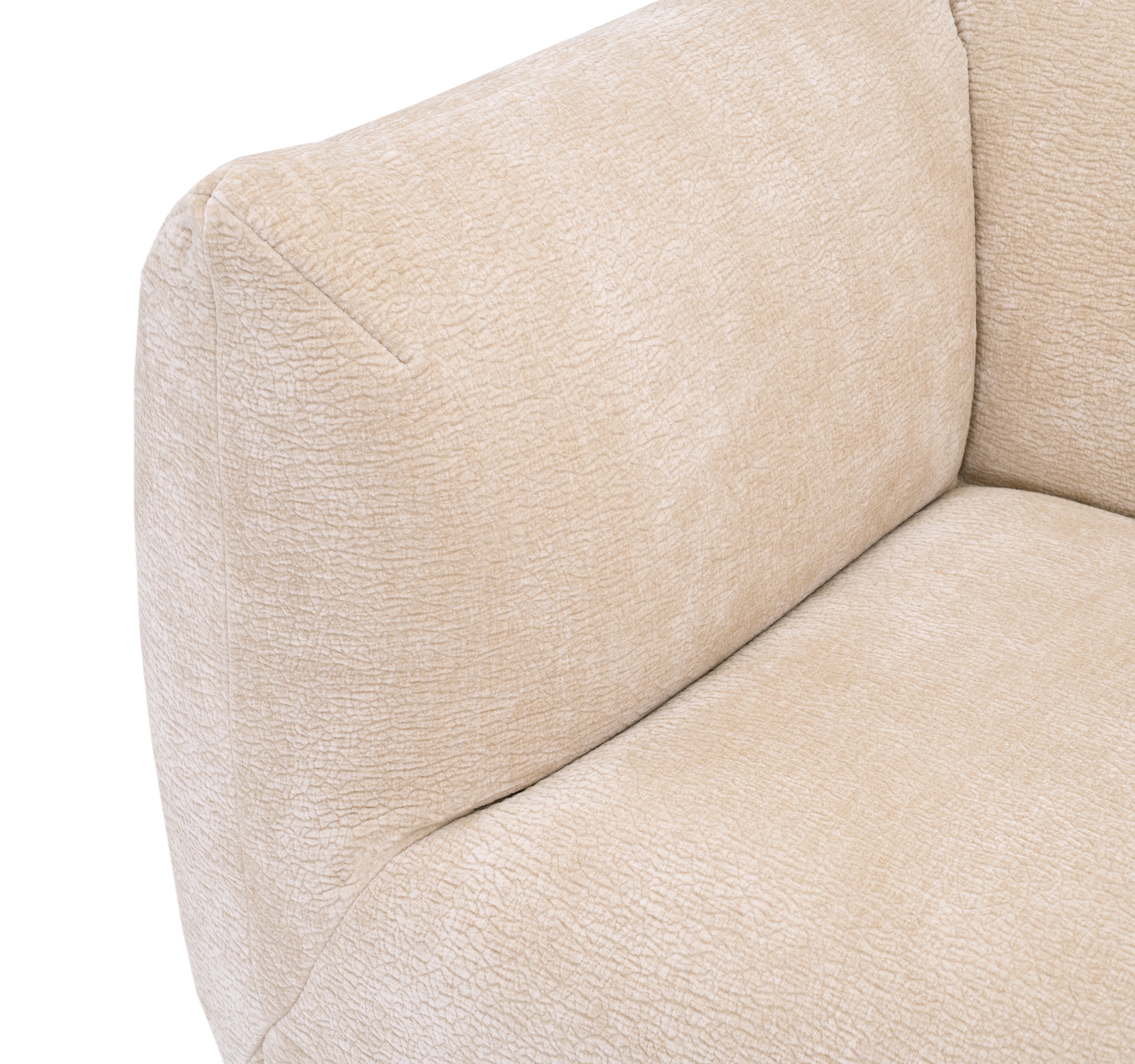 Canapé d’angle droit Sainte-Croix en tissu chenille beige Paname Avenue, zoom sur l’accoudoir