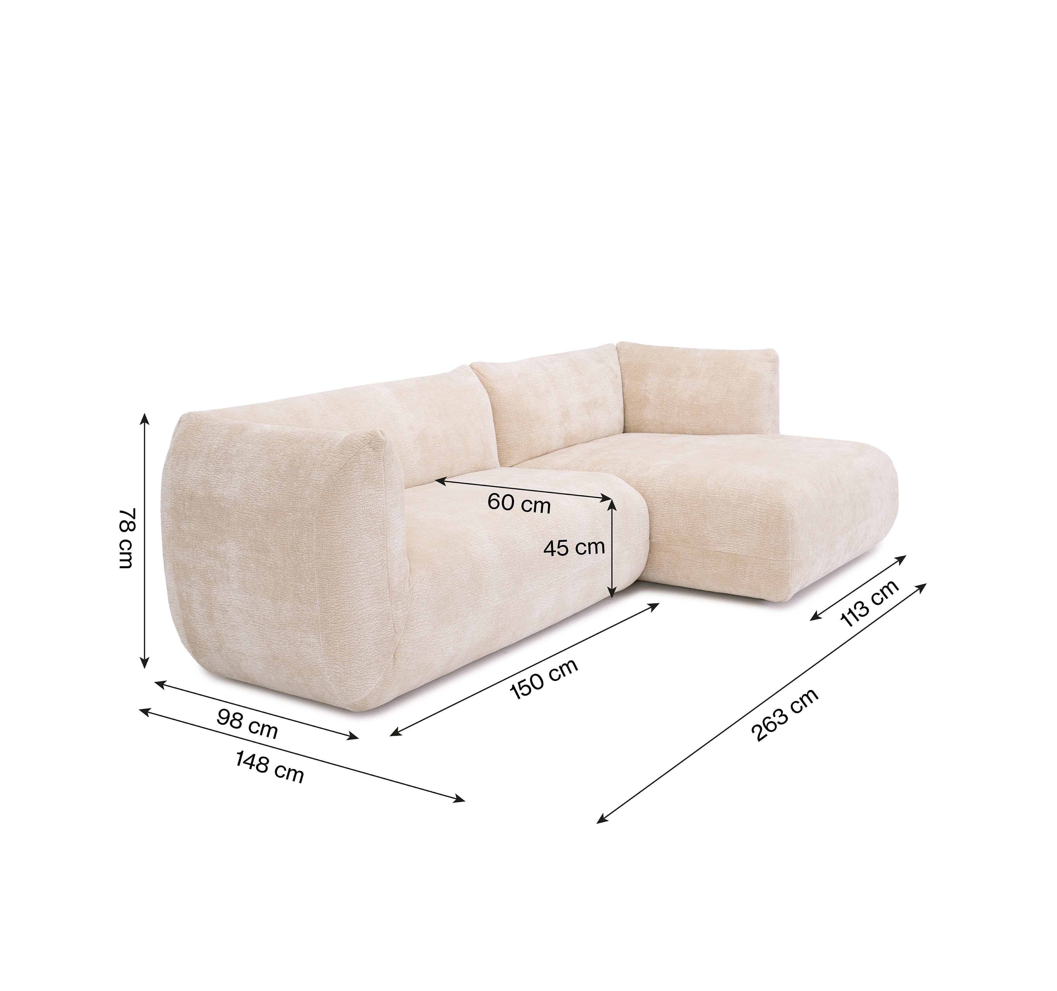 Canapé d’angle droit Sainte-Croix en tissu chenille beige Paname Avenue, schéma des dimensions